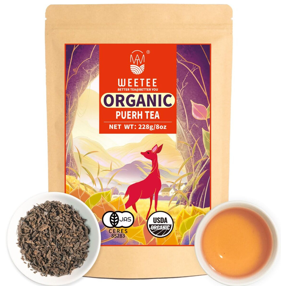 Wt Weetee Organic Pu-Erh Loose Leaf Tea, Usda Organic Ripe Pu'Erh Tea 228G / 8 Ounce, Earthy Dark Tea Black Tea, Rich Antioxidants