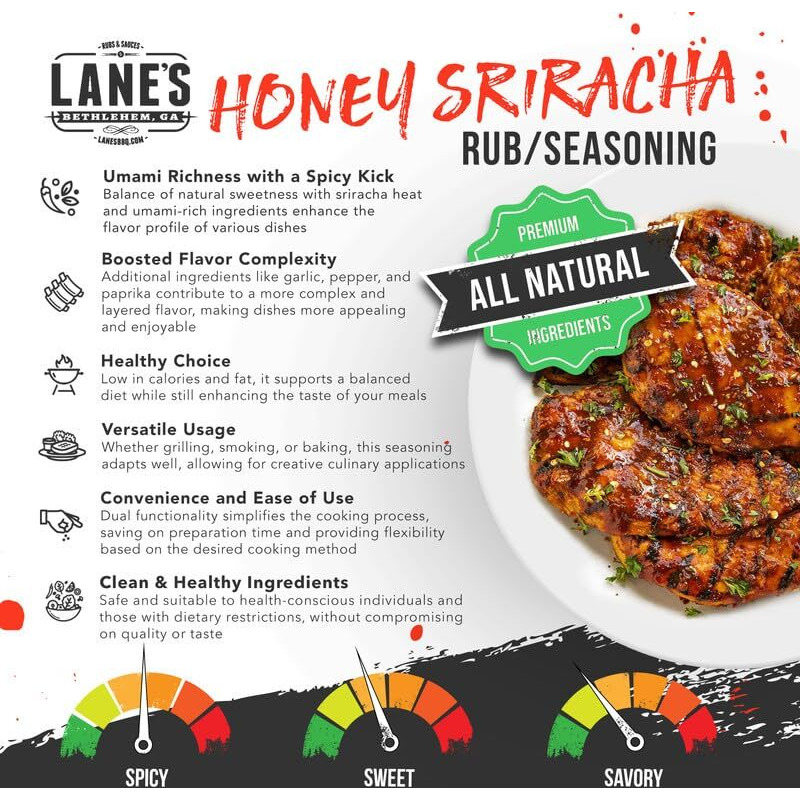 Lane's Honey Sriracha Seasoning, All-Natural Sriracha Powder Seasoning Blend With Garlic & Herb Honey Seasoning For Pork & Meat, Made In Usa, 12.4 Oz