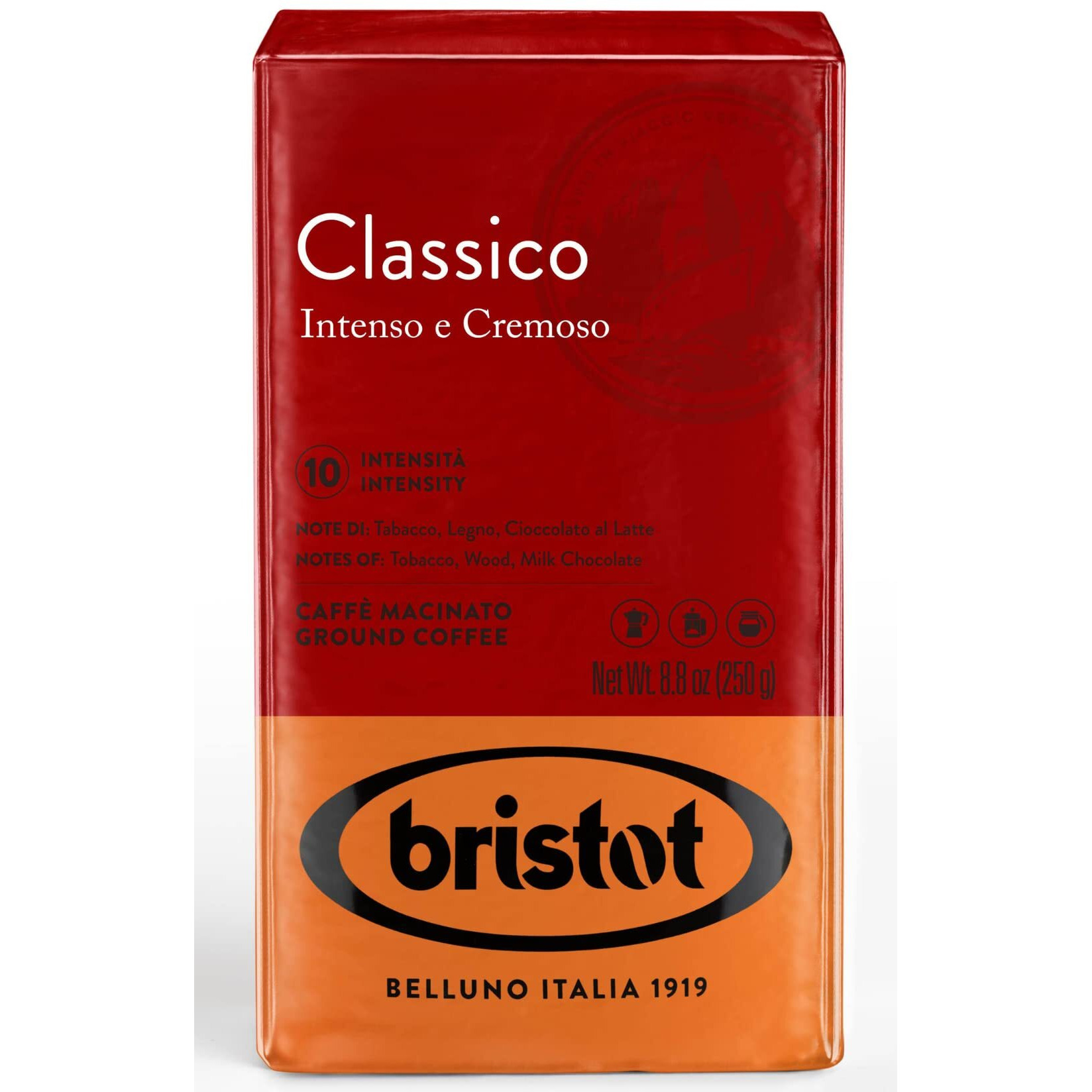 Bristot Classico Breakfast Italian Ground Espresso | Intense And Creamy | Medium Roast | For Moka, French Press, Pour Over | 8.8Oz/250G