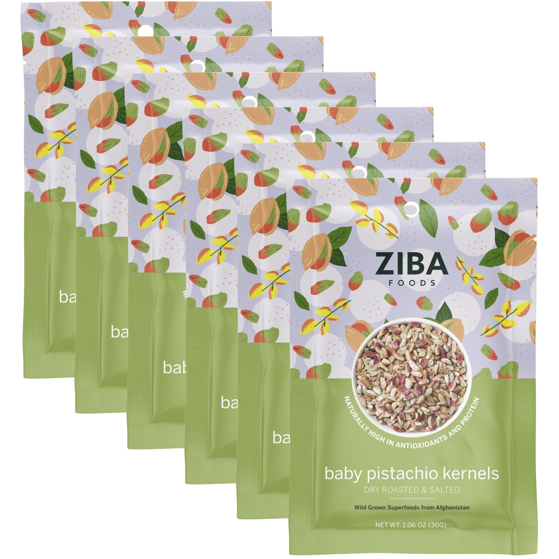 Ziba Foods Wild-Grown Baby Pistachio Kernels | Non-Gmo, Vegan, Gluten Free Snack, Nuts | Wild Grown, Dry Roasted & Salted | Healthy, Delicious Snack, Pack Of 6
