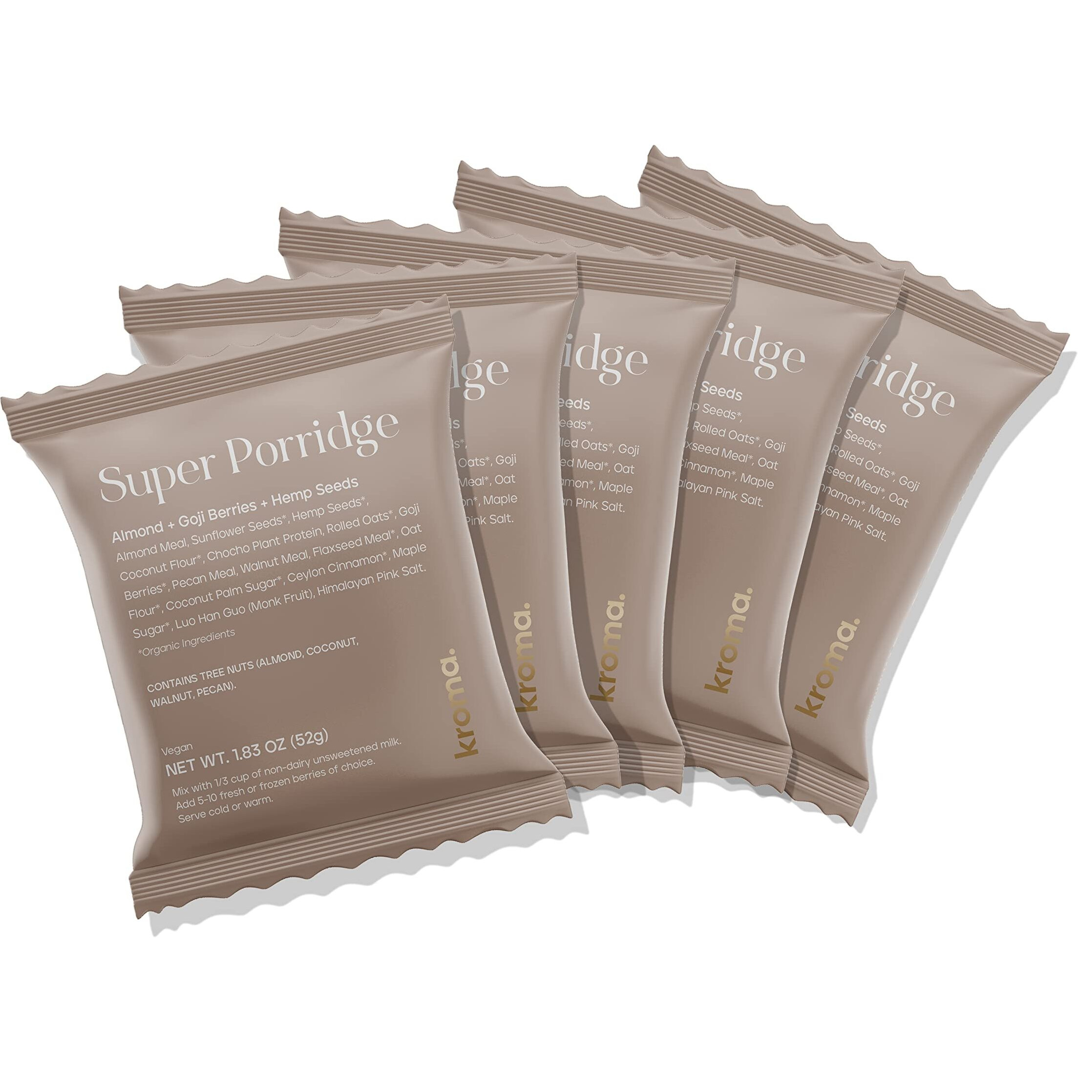 Kroma Super Porridge, Gluten Free, Chocho Plant Protein, Vegan Superfood Breakfast Cereal With Hemp Seeds, Cinnamon, Oats, Coconut, Healthy Fiber, And Other Organic Ingredients, 5 Packets
