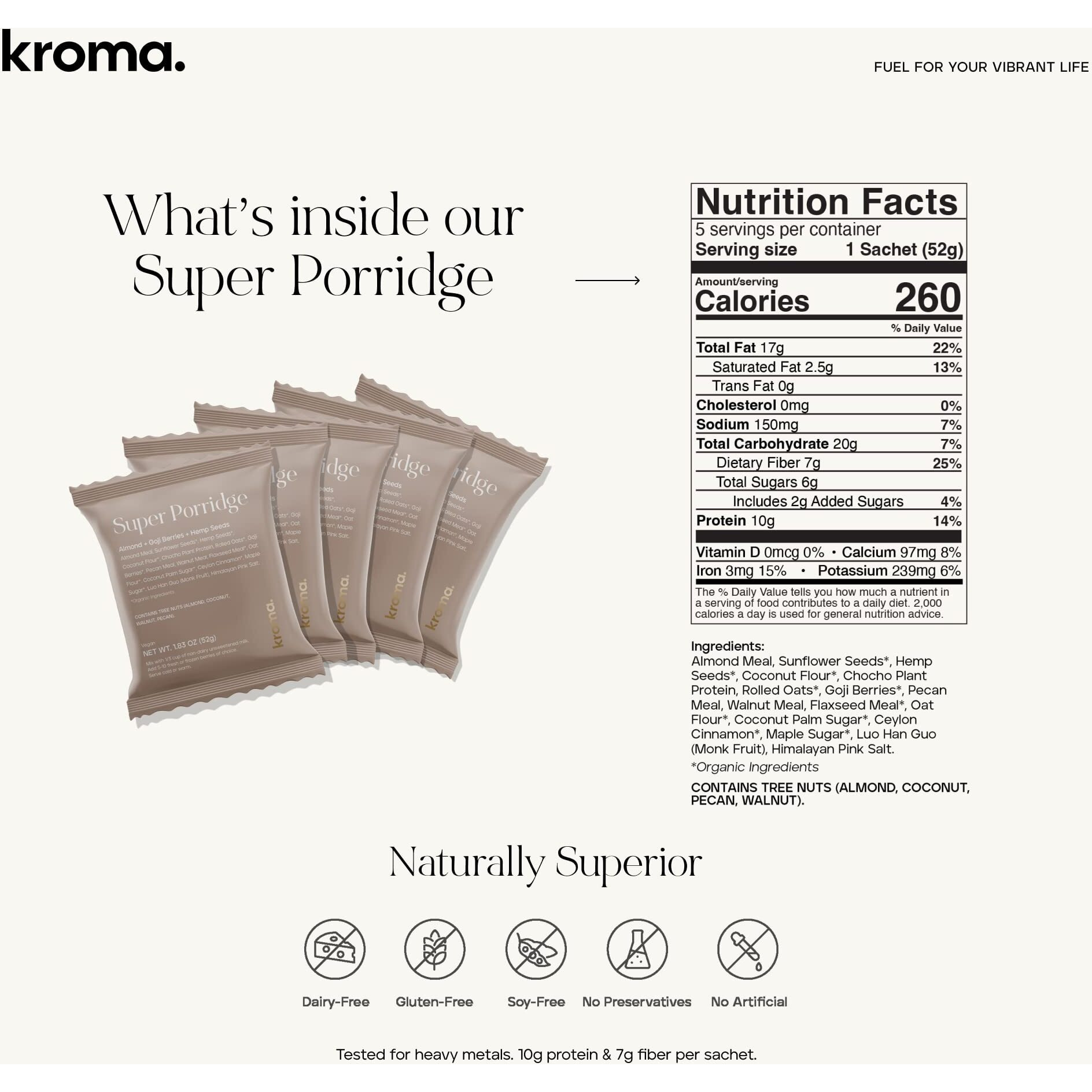 Kroma Super Porridge, Gluten Free, Chocho Plant Protein, Vegan Superfood Breakfast Cereal With Hemp Seeds, Cinnamon, Oats, Coconut, Healthy Fiber, And Other Organic Ingredients, 5 Packets