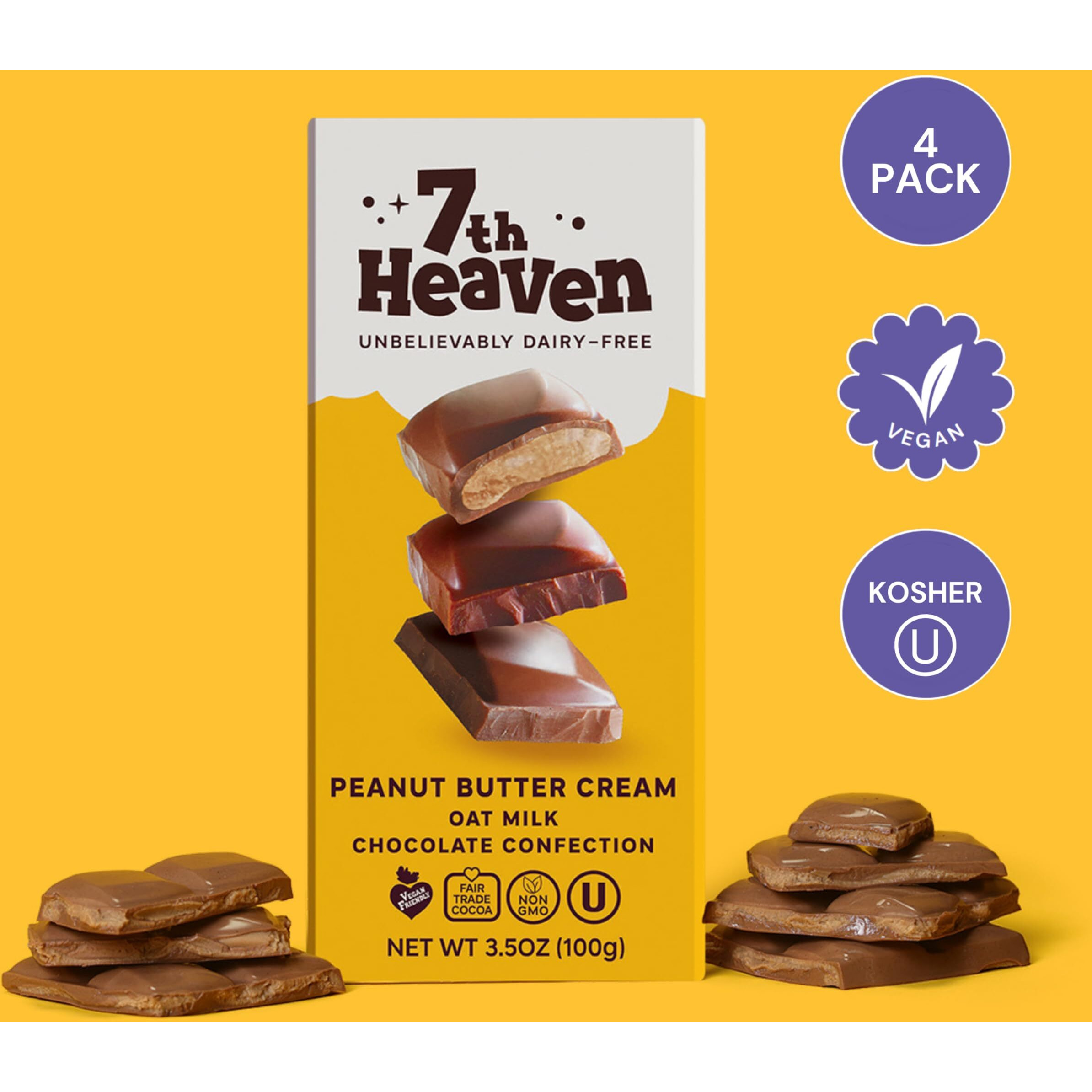 7Th Heaven Vegan Peanut Butter Cream Oat Milk Chocolate Bar, Plant Based Dairy Free Chocolate With Peanut Butter Filling, Fair Trade Cocoa & Coconut Oil, Kosher Parve - 3.5Oz Full Size Candy Bars, 4Pk