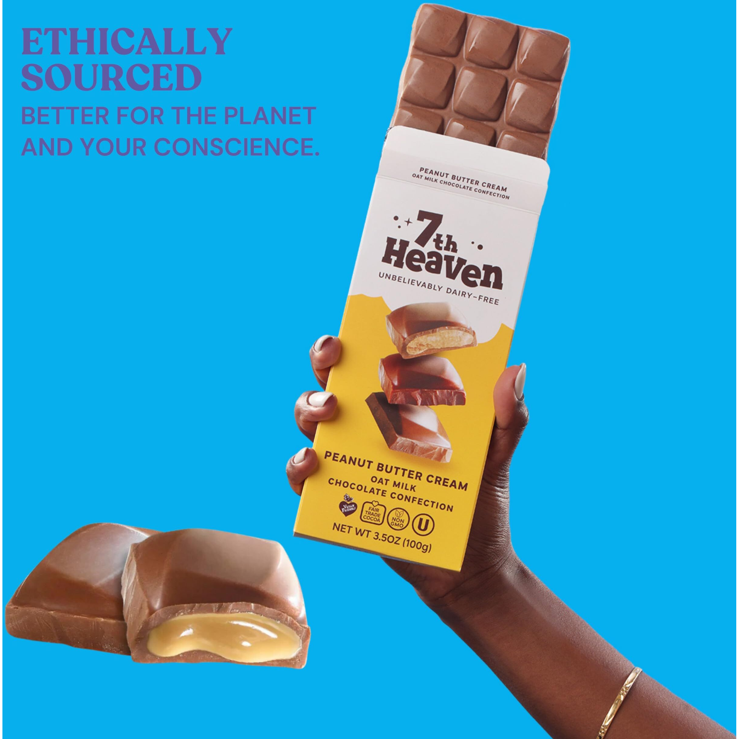 7Th Heaven Vegan Peanut Butter Cream Oat Milk Chocolate Bar, Plant Based Dairy Free Chocolate With Peanut Butter Filling, Fair Trade Cocoa & Coconut Oil, Kosher Parve - 3.5Oz Full Size Candy Bars, 4Pk