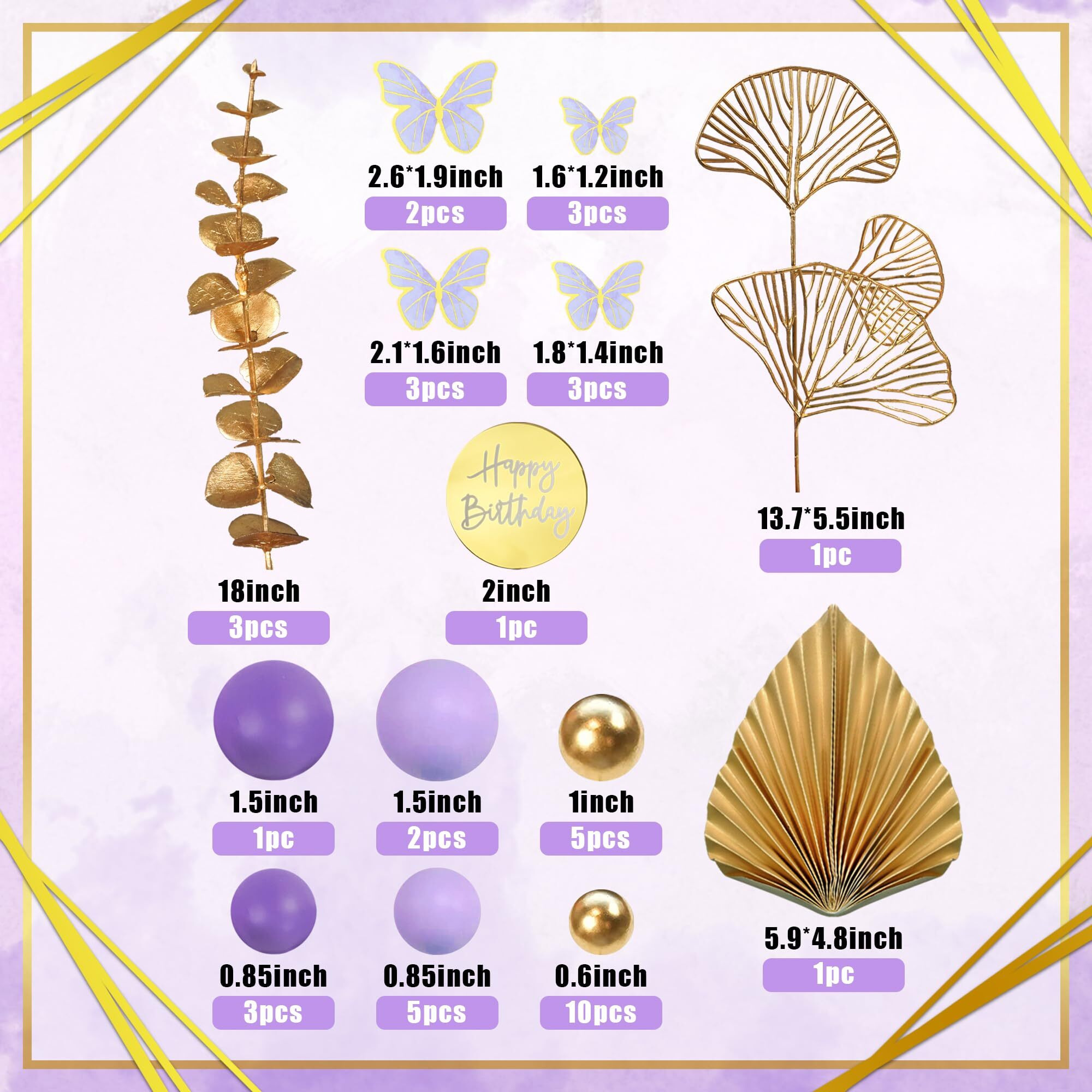 Boho Cake Topper Happy Birthday Cake Decorations With Balls Butterflies Eucalyptus For Wedding Baby Shower Boys Girls Birthday Themed Party Supplies (Purple)