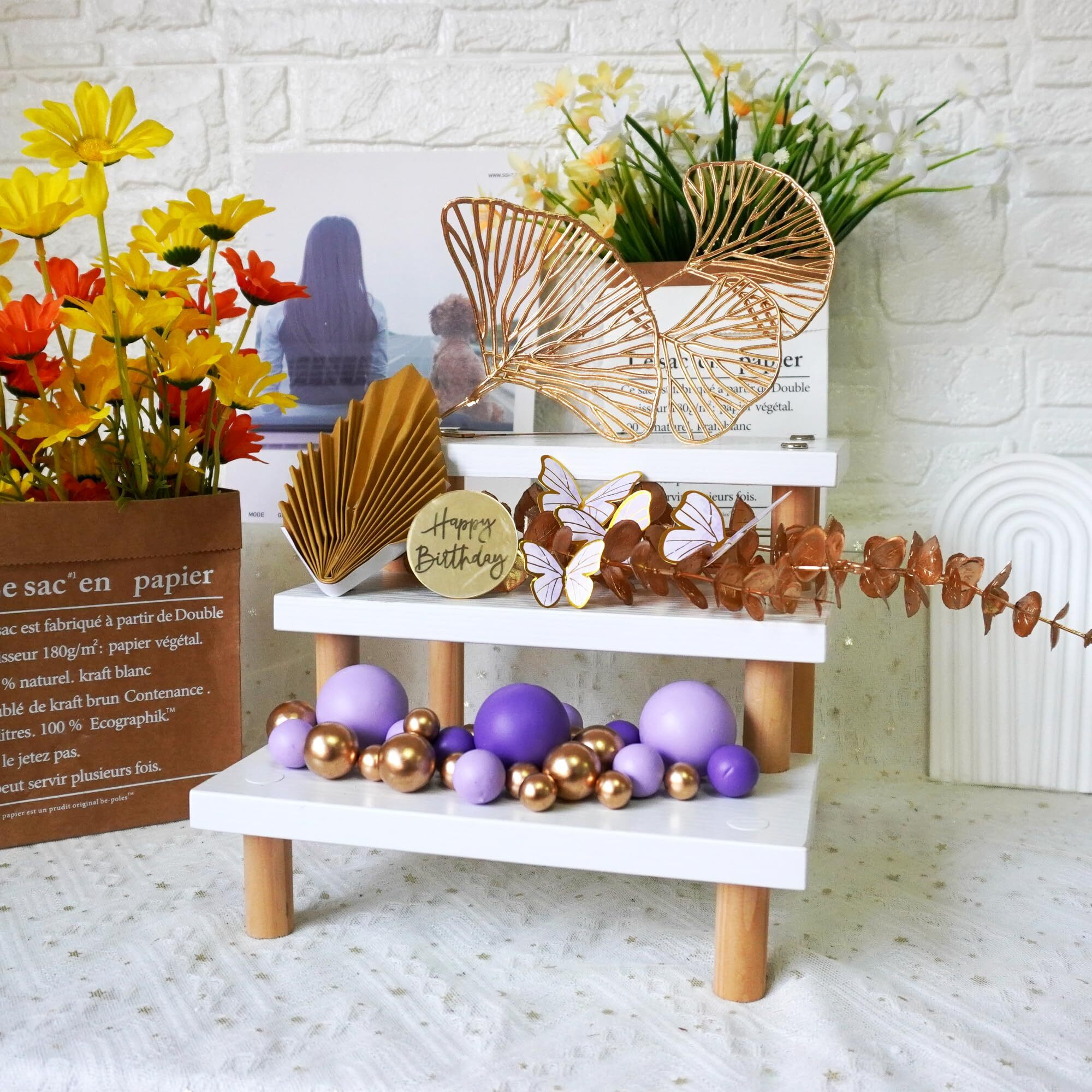 Boho Cake Topper Happy Birthday Cake Decorations With Balls Butterflies Eucalyptus For Wedding Baby Shower Boys Girls Birthday Themed Party Supplies (Purple)