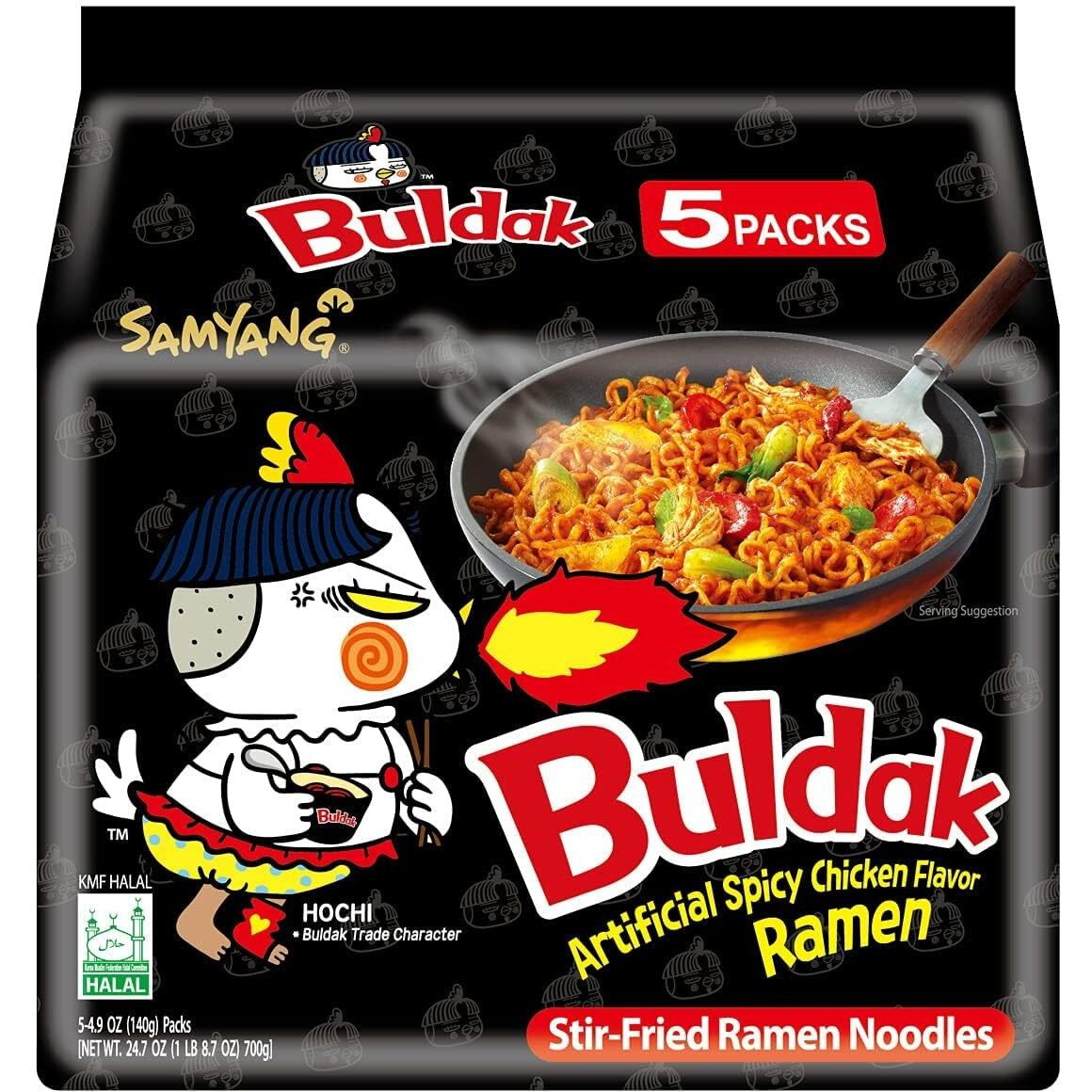 Samyang Spicy Chicken Ramen Roasted Noodles, Buldak Artificial Spicy Chicken Flavor 4.94 Oz (5 Packs) Black