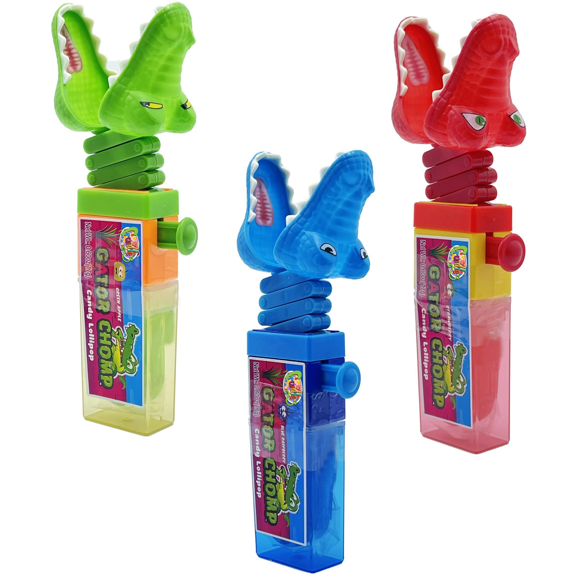 The Dreidel Company Chomp Sour Candy Lollipops, Three Flavors Green Apple, Blue Raspberry, Strawberry, Kosher Certified Parve, Net Wt. 0.60Oz Per Pop (Gator Chomp, 3-Pack)
