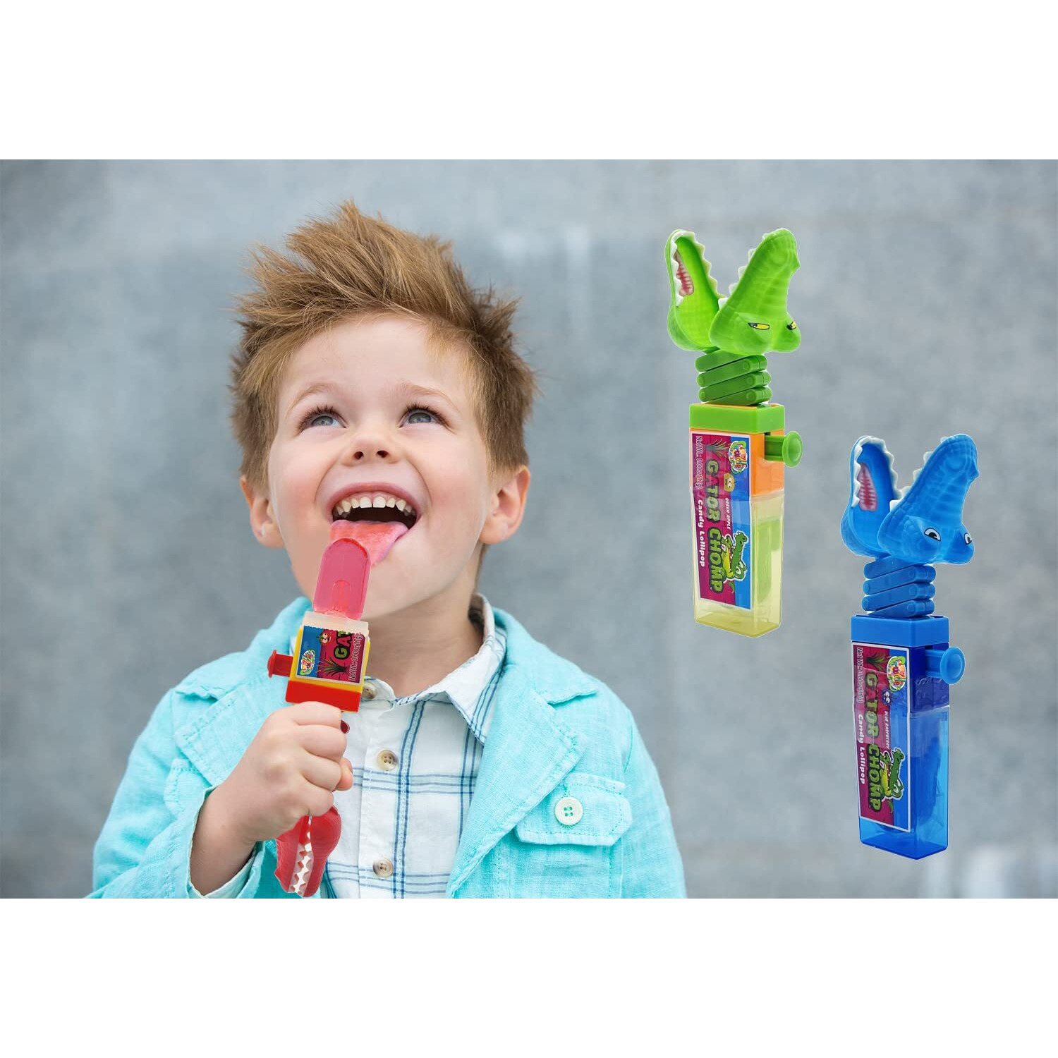 The Dreidel Company Chomp Sour Candy Lollipops, Three Flavors Green Apple, Blue Raspberry, Strawberry, Kosher Certified Parve, Net Wt. 0.60Oz Per Pop (Gator Chomp, 3-Pack)