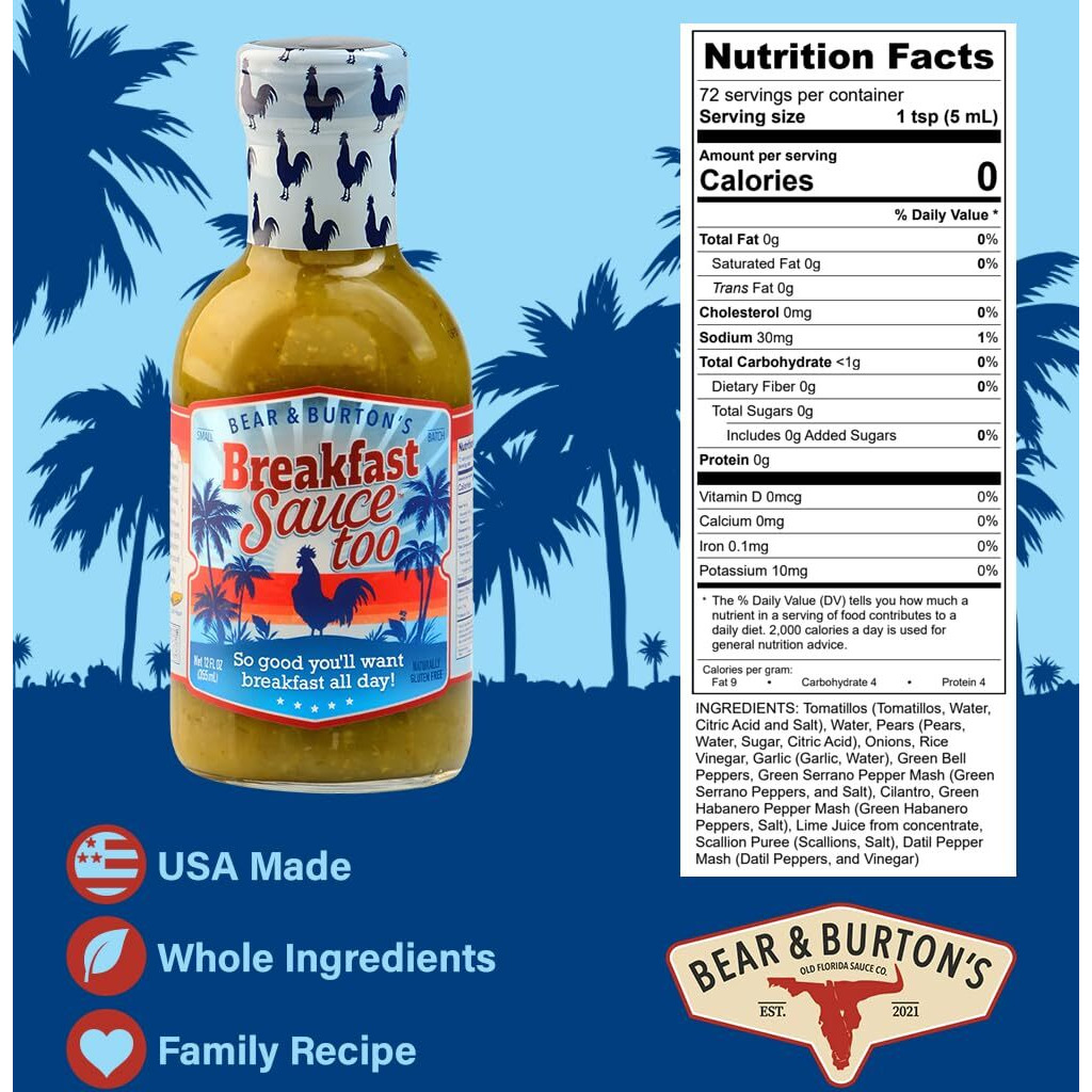 Bear And Burton's Bear & Burton's Breakfast Sauce Too - Verde Version With Florida-Grown Mild Datil Peppers, Tomatillos, Pears And Spices - Perfect For Dipping Eggs, Bacon, Biscuits & Chicken Wings
