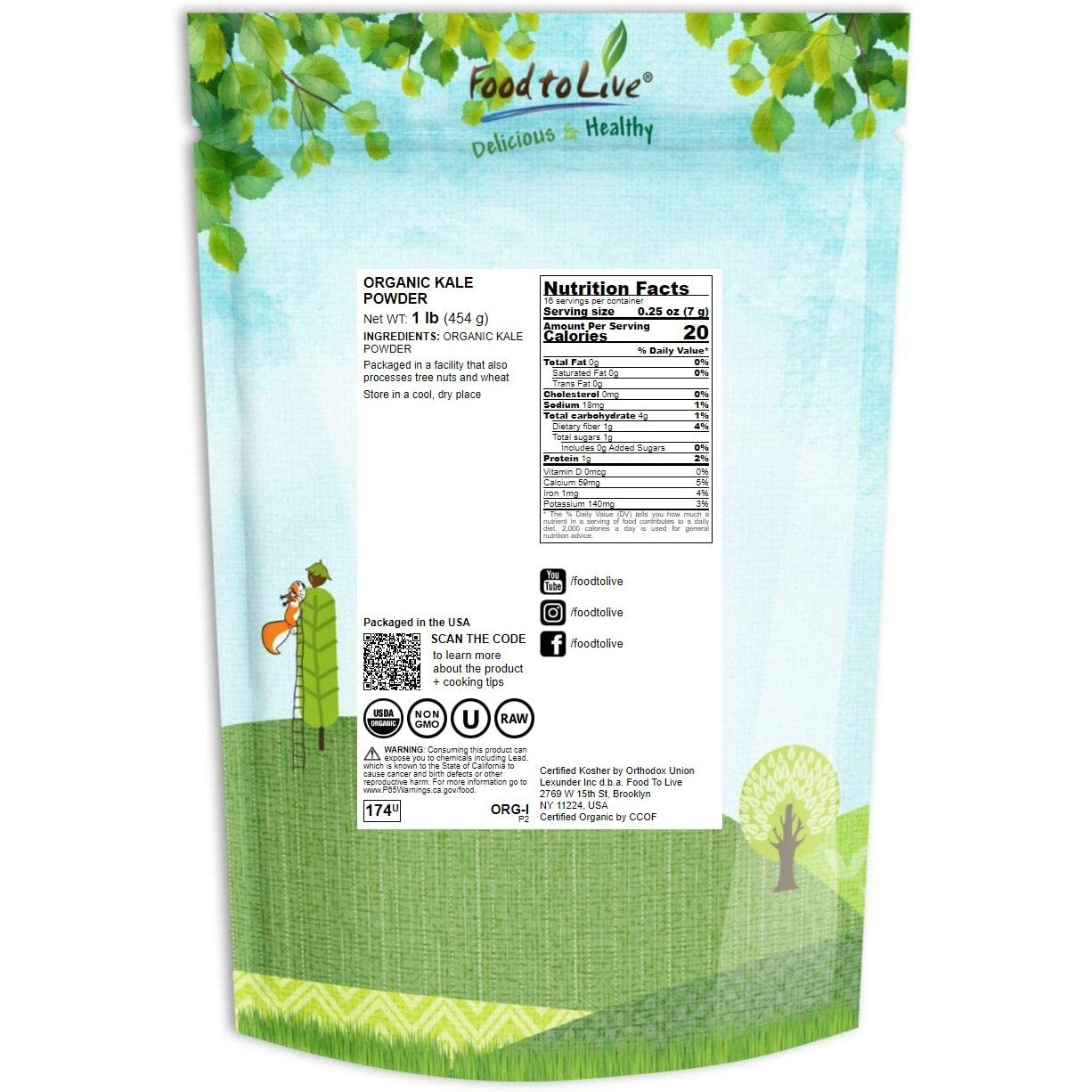 Food To Live Organic Kale Powder, 1 Pound Non-Gmo, Made From Raw Dried Whole Leaves, Vegan, Kosher, Bulk, Great For Baking, Juices, Smoothies, Shakes,Tea, And Instant Breakfast Drinks