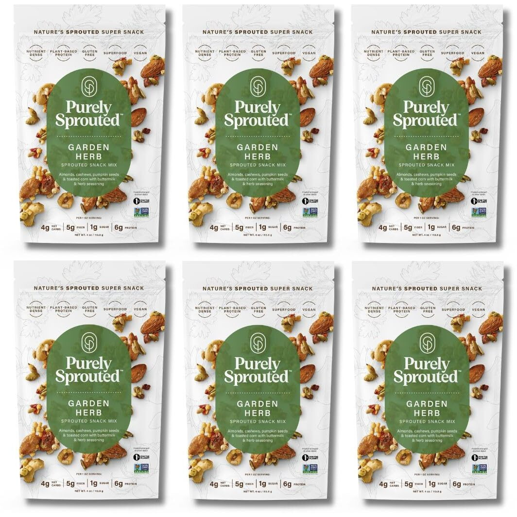 Purely Sprouted Garden Herb Snack Mix Vegan, Gluten-Free, And Non-Gmo Blend For A Healthy Crunch (4 Oz, 6 Pack)