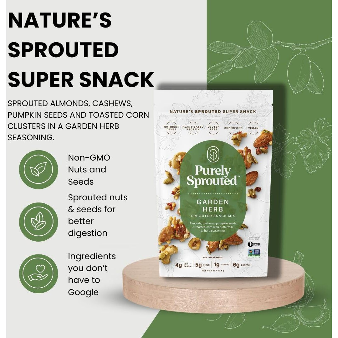Purely Sprouted Garden Herb Snack Mix Vegan, Gluten-Free, And Non-Gmo Blend For A Healthy Crunch (4 Oz, 6 Pack)