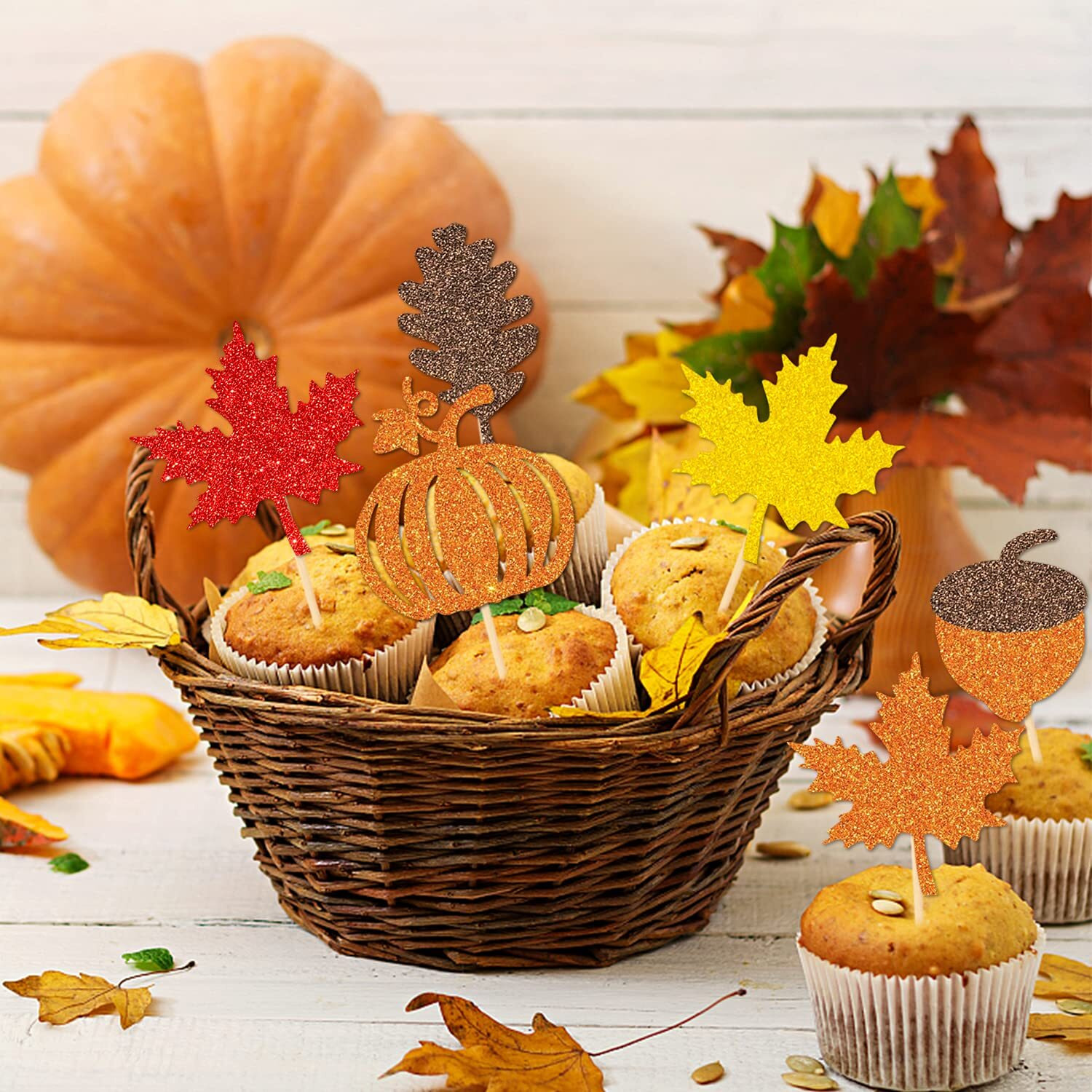 48 Pcs Thanksgiving Cupcake Toppers Fall Cupcake Toppers Thanksgiving Cake Decorations Happy Thanksgiving Cake Topper Leaf Cupcake Topper