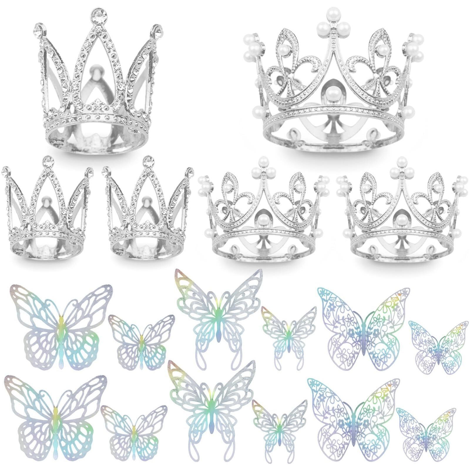 42Pcs Crown Cake Topper Mini Tiara With 3D Butterfly Decoration Vintage Pearl Rhinestone Crown Cake Topper Cupcake Topper Cake Decoration For Birthday Wedding Anniversity Party Baby Shower (Silver)