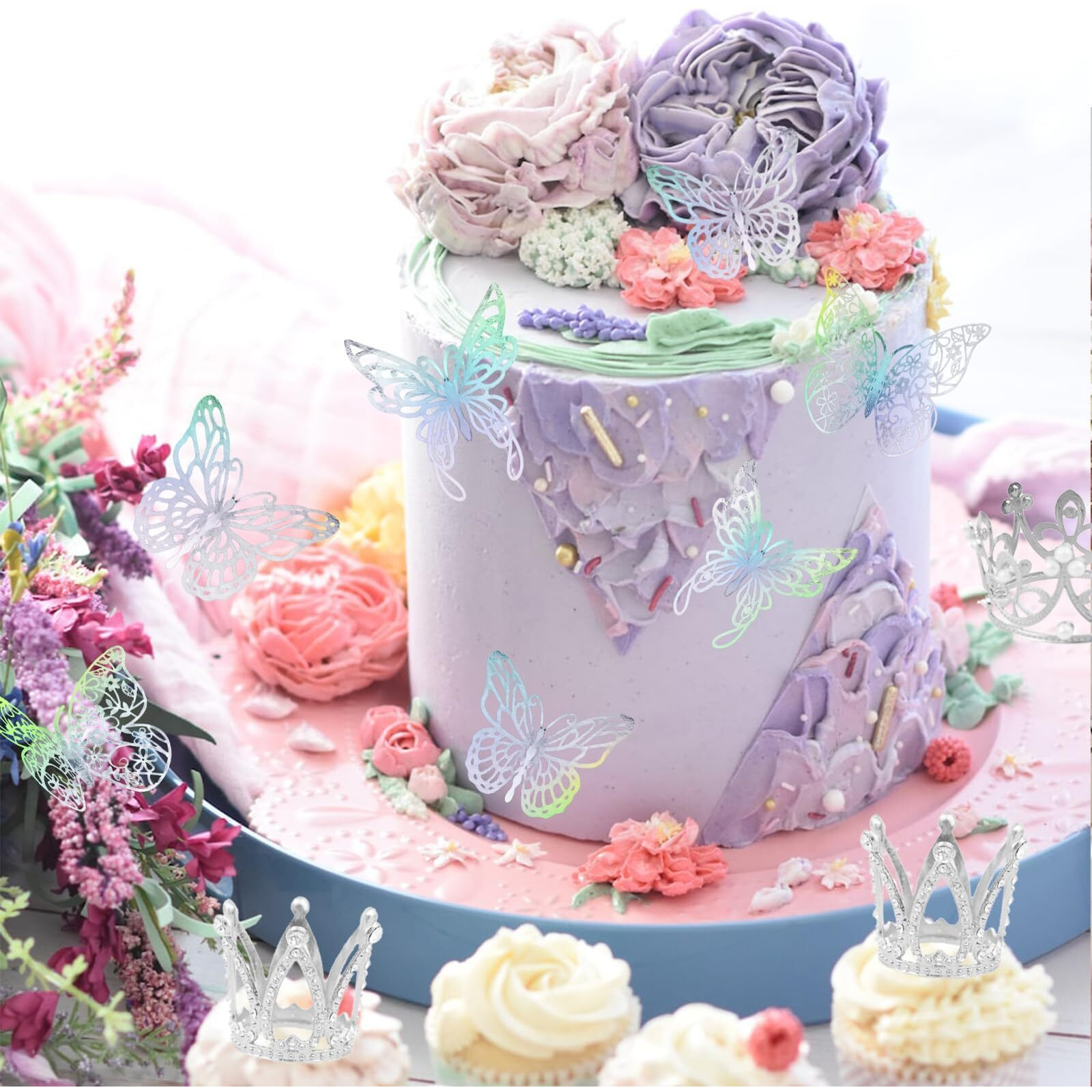 42Pcs Crown Cake Topper Mini Tiara With 3D Butterfly Decoration Vintage Pearl Rhinestone Crown Cake Topper Cupcake Topper Cake Decoration For Birthday Wedding Anniversity Party Baby Shower (Silver)