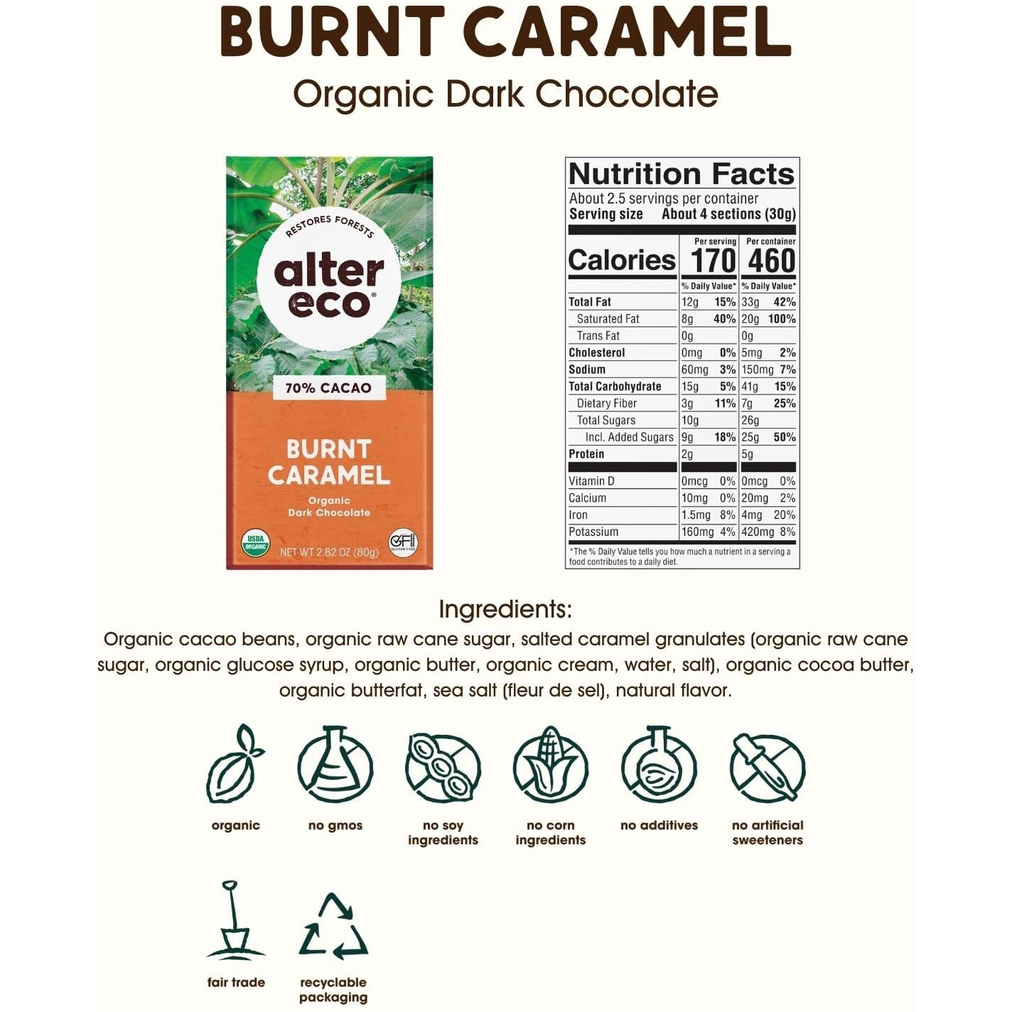 Alter Eco | Dark Chocolate Bars | Pure Dark Cocoa, Fair Trade, Organic, Non-Gmo, Gluten Free (6-Pack Burnt Caramel)