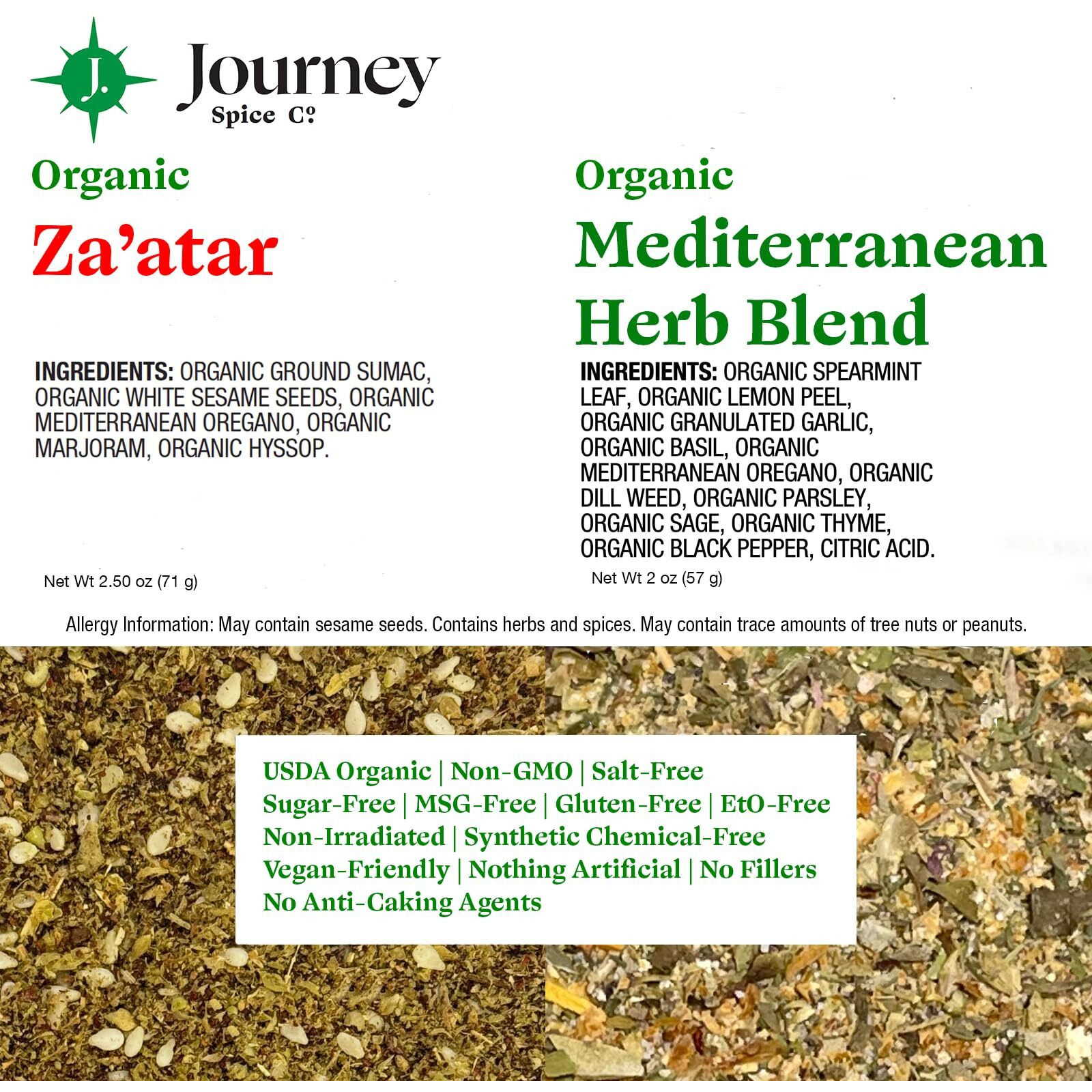 Gourmet Organic Mediterranean Herb Blend & Organic Za'Atar Gift Set By Journey Spice Co. | Salt-Free | Greek, Mediterranean, Middle Eastern Seasoning