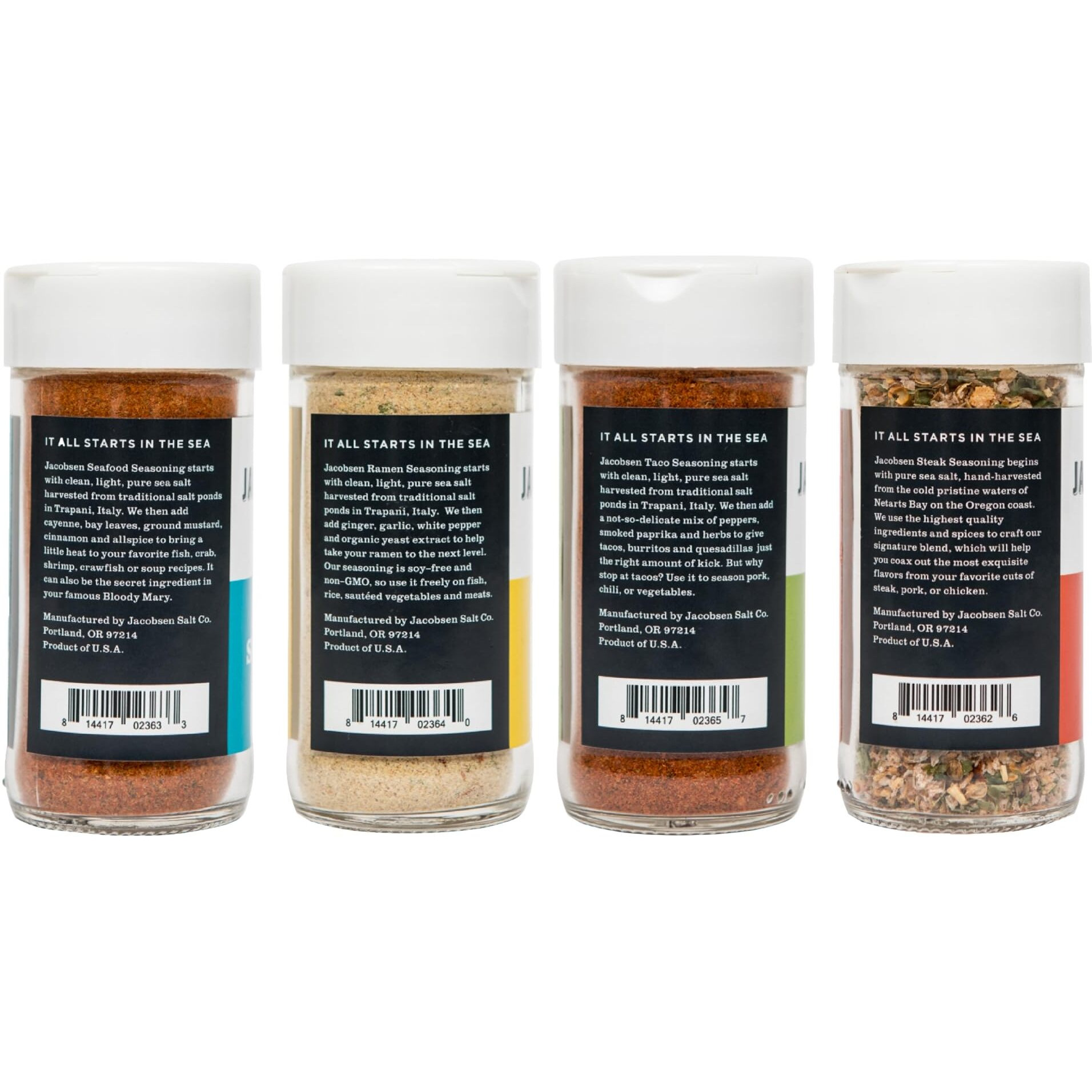 Jacobsen Salt Co. Seasoning Variety Pack - Sea Salt Soy-Free, Non-Gmo, Gourmet Seasonings And Spices For Cooking, Made In Usa, Real Salt Flakes - Steak, Seafood, Ramen & Taco (Pack Of 4)