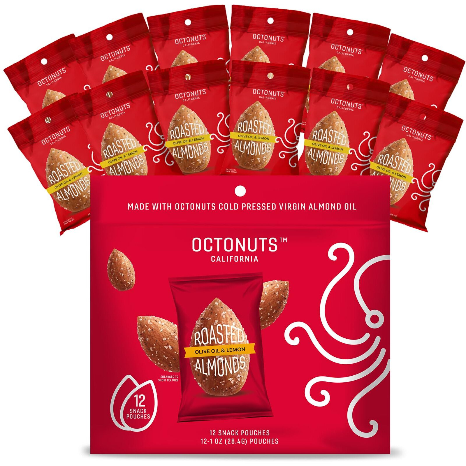 Octonuts Oil Roasted California Almonds 1 Ounce - Olive Oil & Lemon Almond Snack - Gluten Free, Kosher, Keto, Non-Gmo, Lightly Salted Upcycled Oil Roasted Almonds - Sweet And Savory Healthy Nut Snacks - 12 Pack