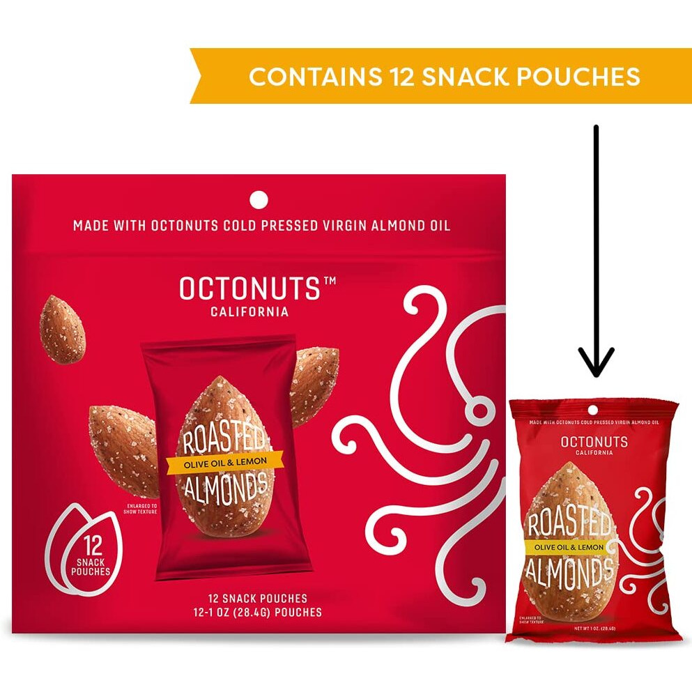 Octonuts Oil Roasted California Almonds 1 Ounce - Olive Oil & Lemon Almond Snack - Gluten Free, Kosher, Keto, Non-Gmo, Lightly Salted Upcycled Oil Roasted Almonds - Sweet And Savory Healthy Nut Snacks - 12 Pack