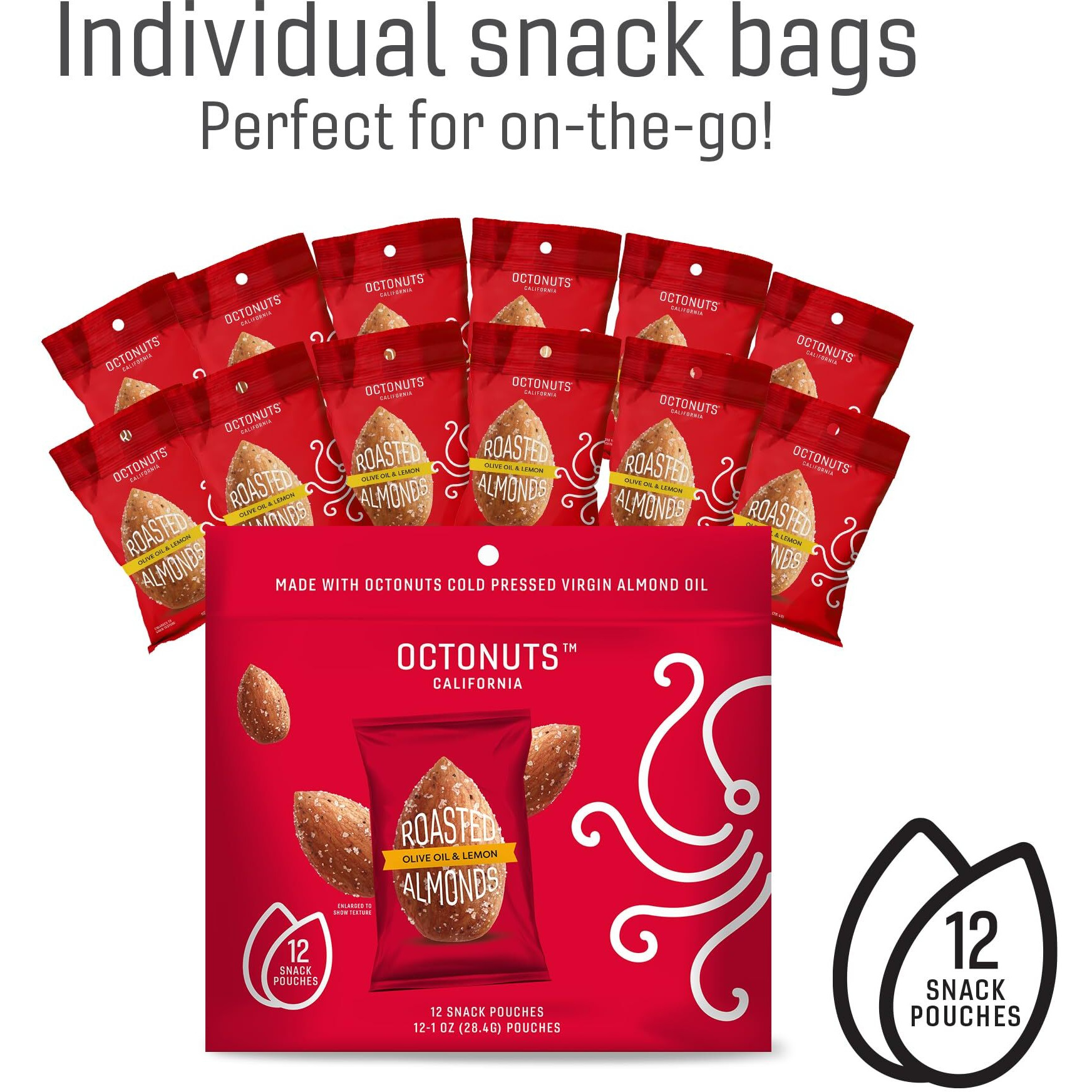 Octonuts Oil Roasted California Almonds 1 Ounce - Olive Oil & Lemon Almond Snack - Gluten Free, Kosher, Keto, Non-Gmo, Lightly Salted Upcycled Oil Roasted Almonds - Sweet And Savory Healthy Nut Snacks - 12 Pack