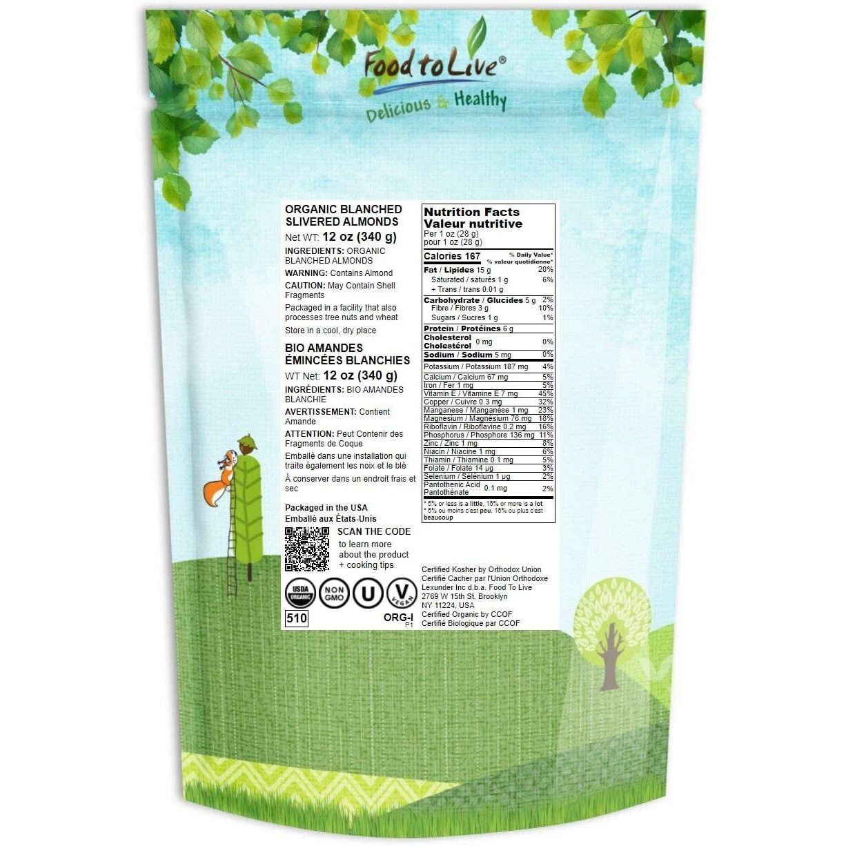 Food To Live Organic Blanched Slivered Almonds, 12 Ounces - Non-Gmo, Raw, Unpasteurized, Unsalted, Vegan, Keto, Paleo, Kosher, Bulk, Protein, Dietary Fiber, For Cooking, Baking, Salads And Cereals
