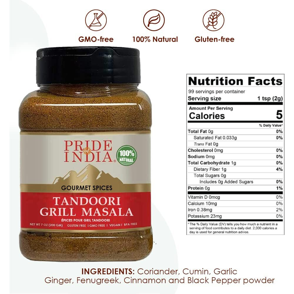 Pride Of India - Tandoori Grill Masala - Blend Of Exotic & Gourmet Spices - Ideal For Vegetable, Meat & Chicken Cooking - Gmo Free - Easy To Use - 7 Oz. Medium Dual Sifter Bottle