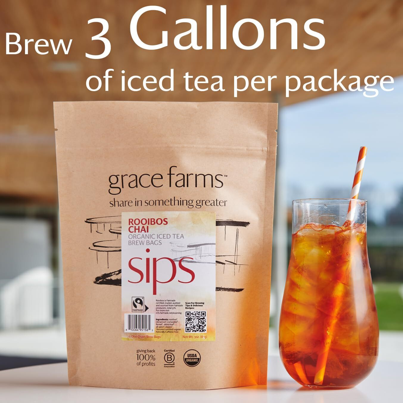 Grace Farms Rooibos Chai Organic Iced Tea (Twelve 1Qt. Brew Bags, 3 Gallons) | Refreshing And Spiced, Naturally Sweet Sugar-Free | Easy Cold Brew