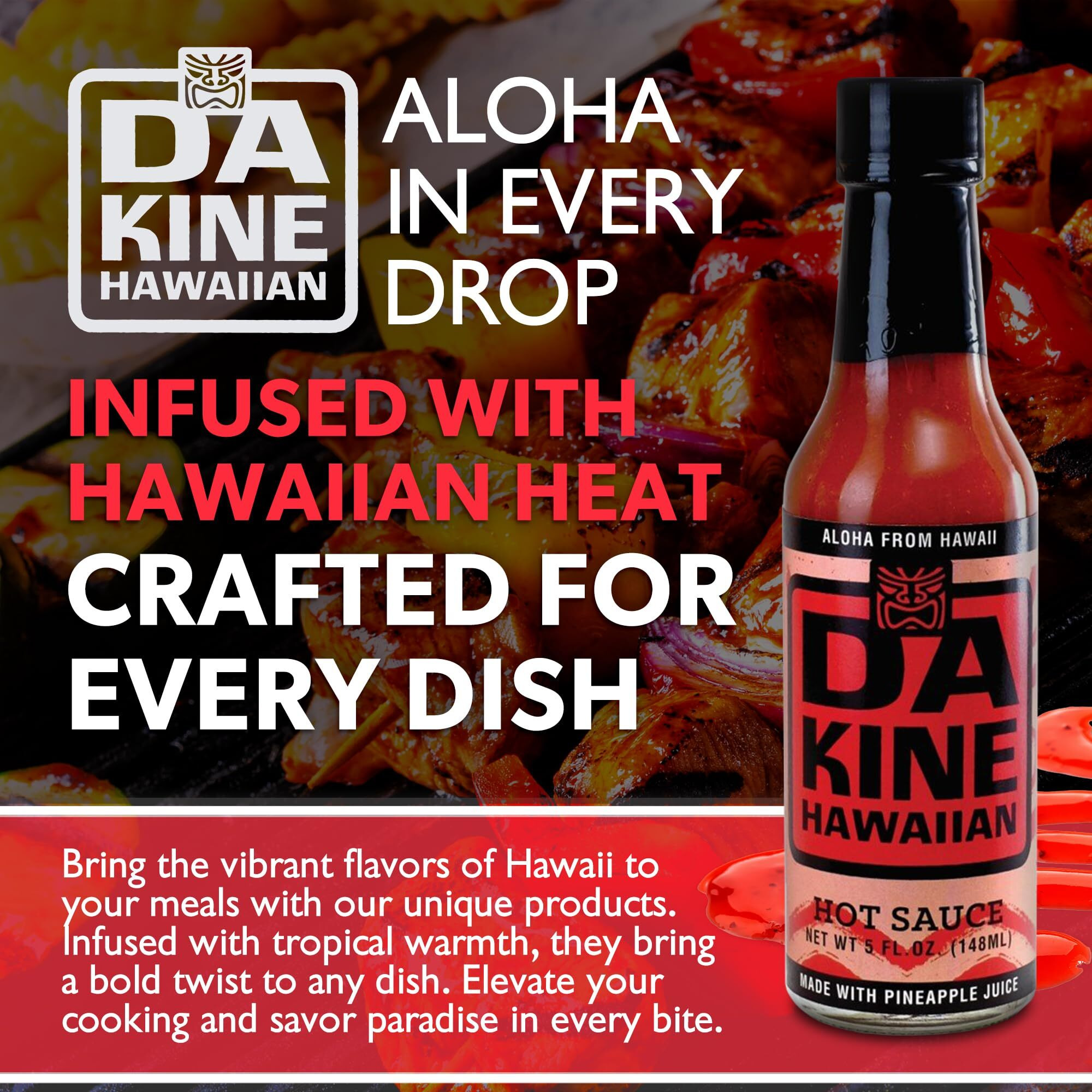 Da Kine Hawaiian Gourmet Pineapple Hot Sauce - Vegan & Gluten-Free, Crafted In Small Batches, Sweet With A Spicy Kick, Ideal For Dipping, Dressings & Meat Tenderizer - 5 Fl. Oz. (Hot Sauce 1-Pack)