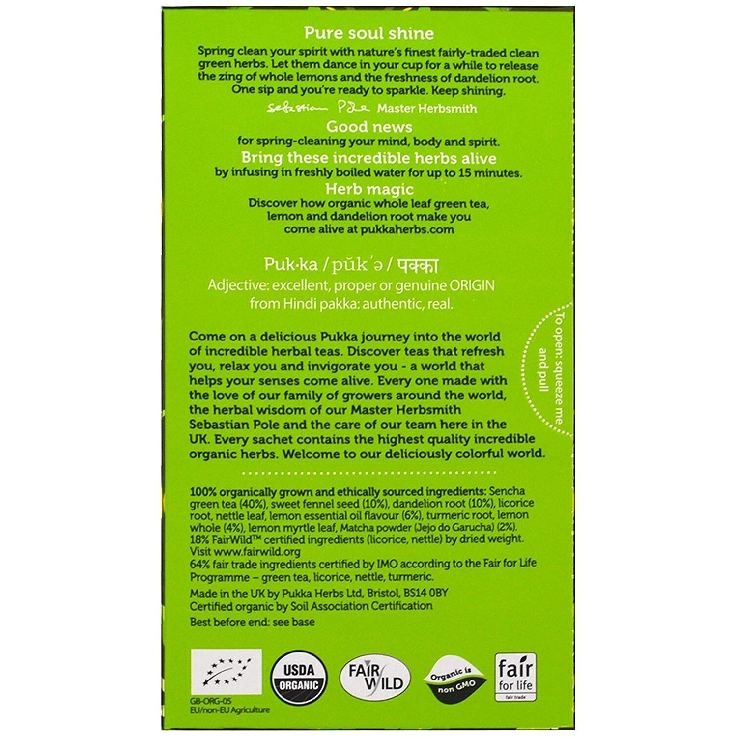 Pukka Organic Herbal Tea Clean Matcha Green 20 Tea Bags
