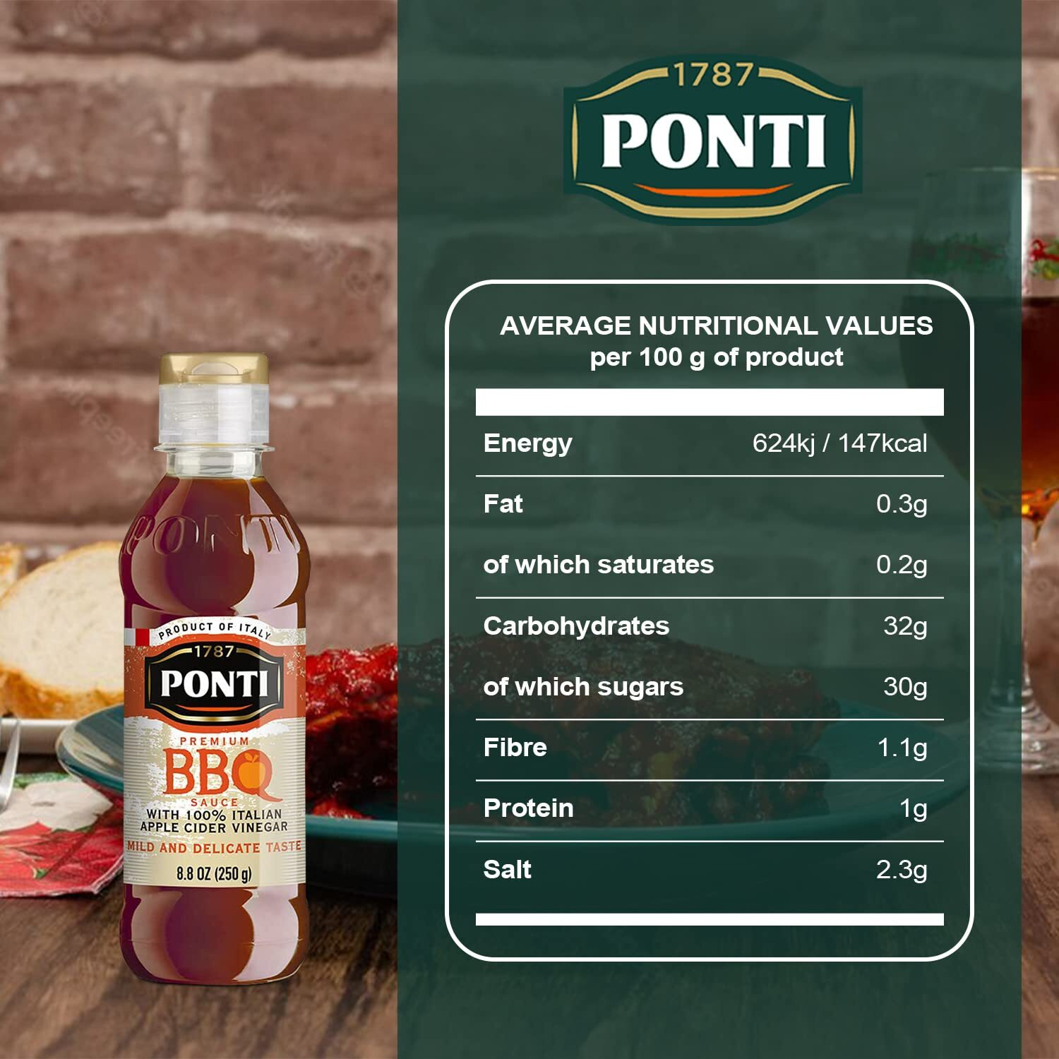 1787 Ponti Premium Bbq Glaze With 100% Italian Apple Cider Vinegar - Soft Texture, Sweet Vinaigrette Taste - Perfect For Marinade - Excellent With Cheesy Pasta Dishes, Casseroles And Pizzas - 8.8 Fl.Oz
