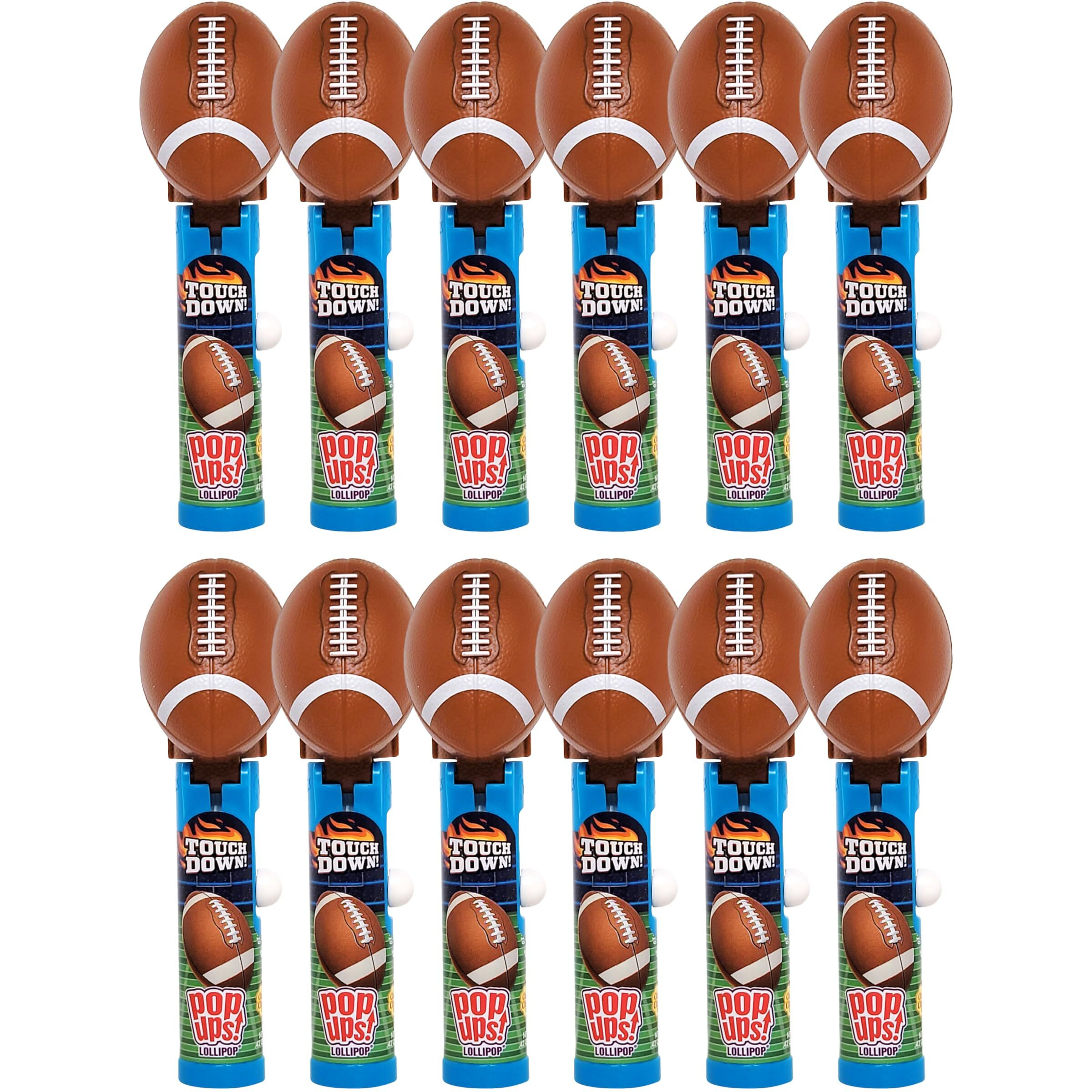 Pop Ups Football Lollipop Holder - 12 Lollipops With Cases - Individually Wrapped Candy Party Favors - Football Candy - Bulk Set Of 12