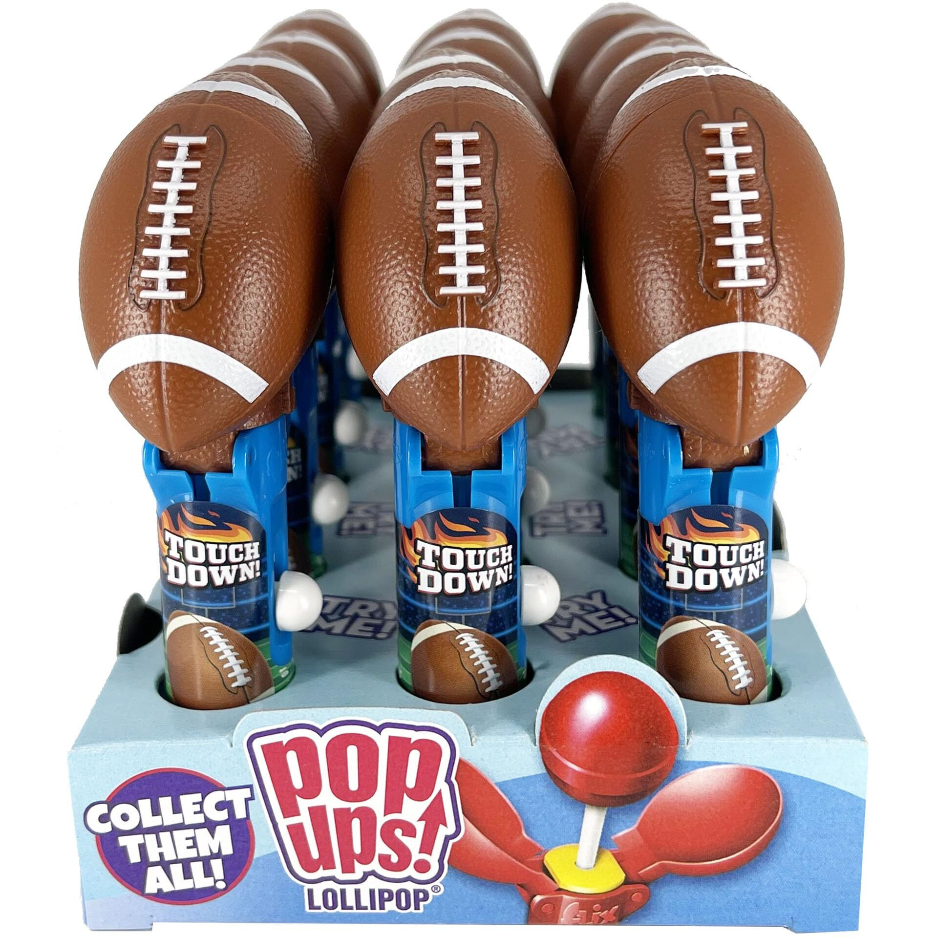 Pop Ups Football Lollipop Holder - 12 Lollipops With Cases - Individually Wrapped Candy Party Favors - Football Candy - Bulk Set Of 12