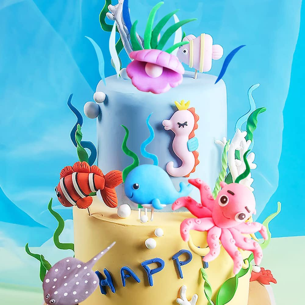 Gallarato 16 Pcs Under The Sea Cake Decoration Ocean Cake Topper Under The Sea Party Supplies Devil Fish, Octopus, Seahorse Cake Decor