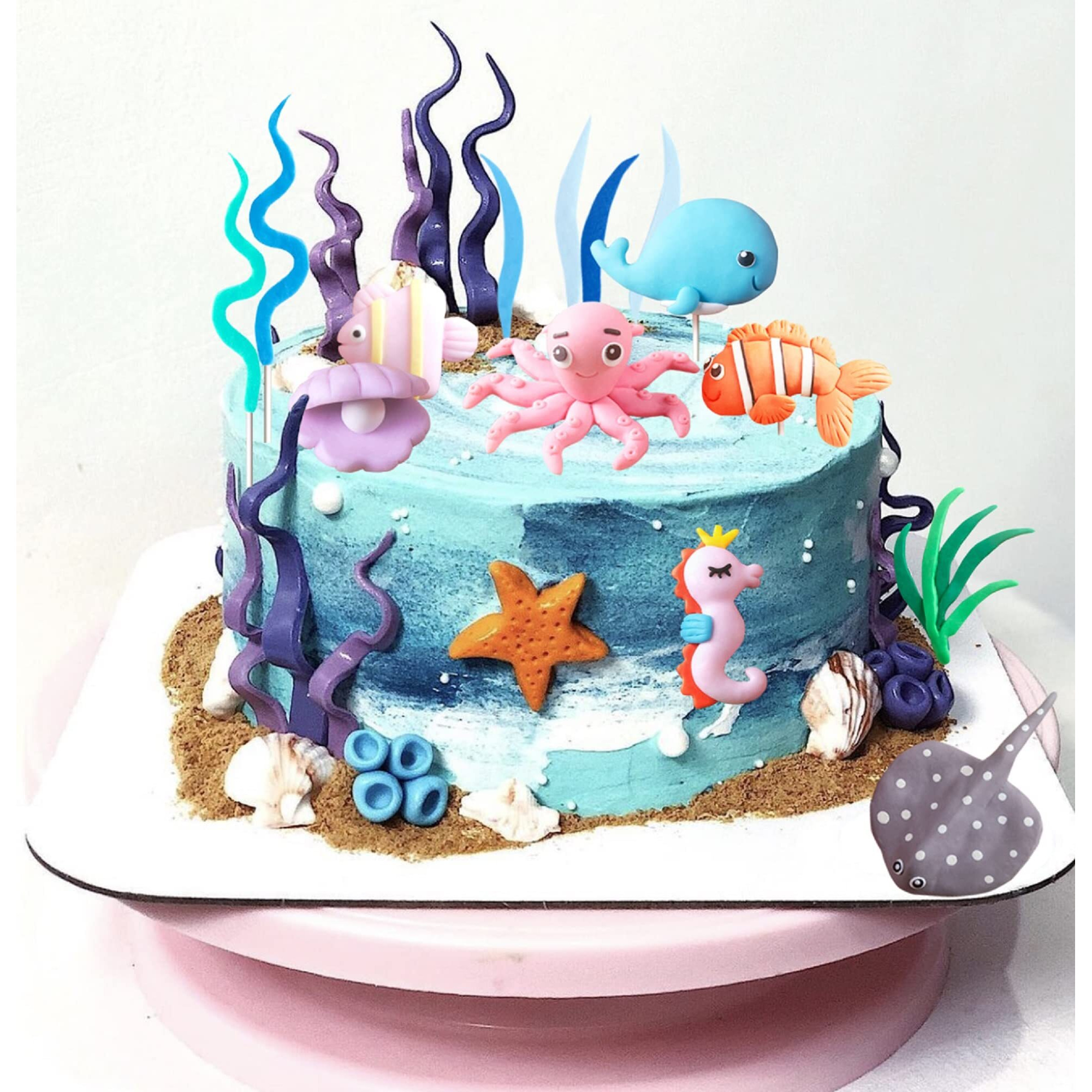 Gallarato 16 Pcs Under The Sea Cake Decoration Ocean Cake Topper Under The Sea Party Supplies Devil Fish, Octopus, Seahorse Cake Decor