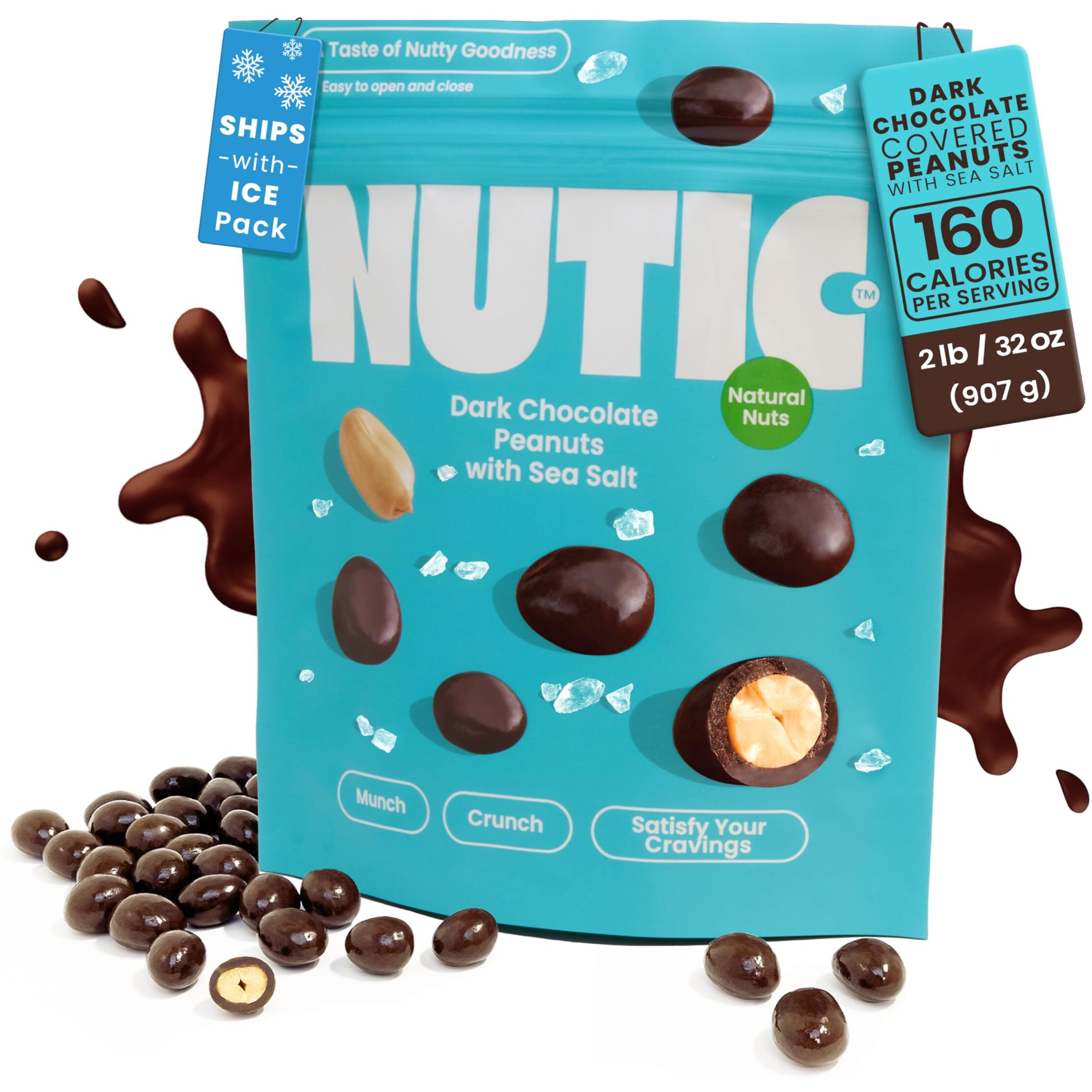 Nutic Sea Salt Dark Chocolate Covered Peanuts - 2 Lb. Luxurious Gourmet Snack Ideal For Dark Chocolate, Almond & Cashew Lovers, Belgian Quality, Healthy Indulgence, Made In Usa - Pack Of 1
