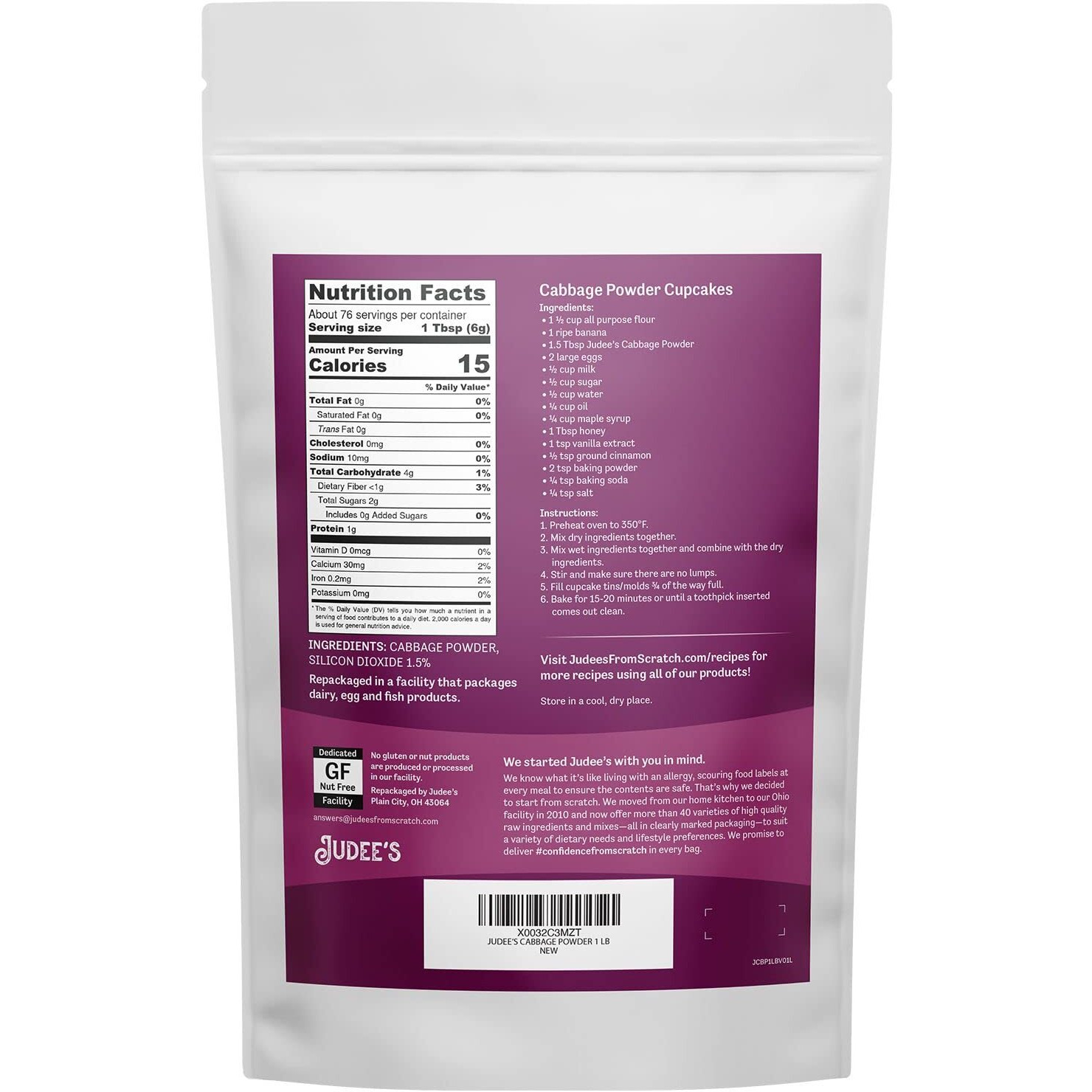 Judees Cabbage Powder 1 Lb - 100% Non-Gmo, Gluten-Free, And Nut-Free - Rich In Nutrients - Great For Baking And Seasoning - Blends Well In Smoothies And Shakes