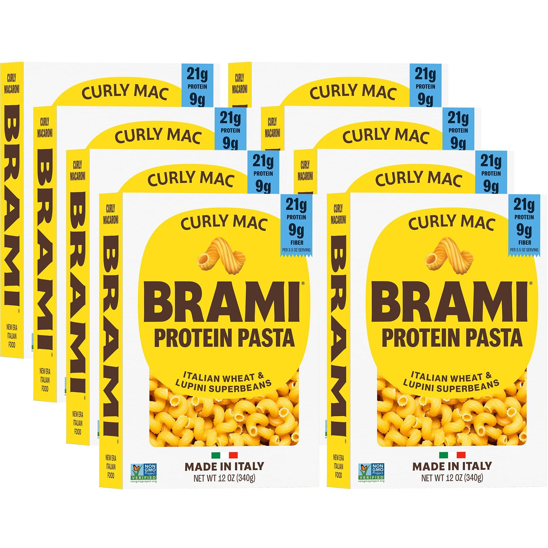 Brami Pasta | Made With Semolina Wheat & Lupini Beans | High Protein & Fiber, Low Carb Healthy Pasta |Curly Mac 12 Oz Pack Of 8