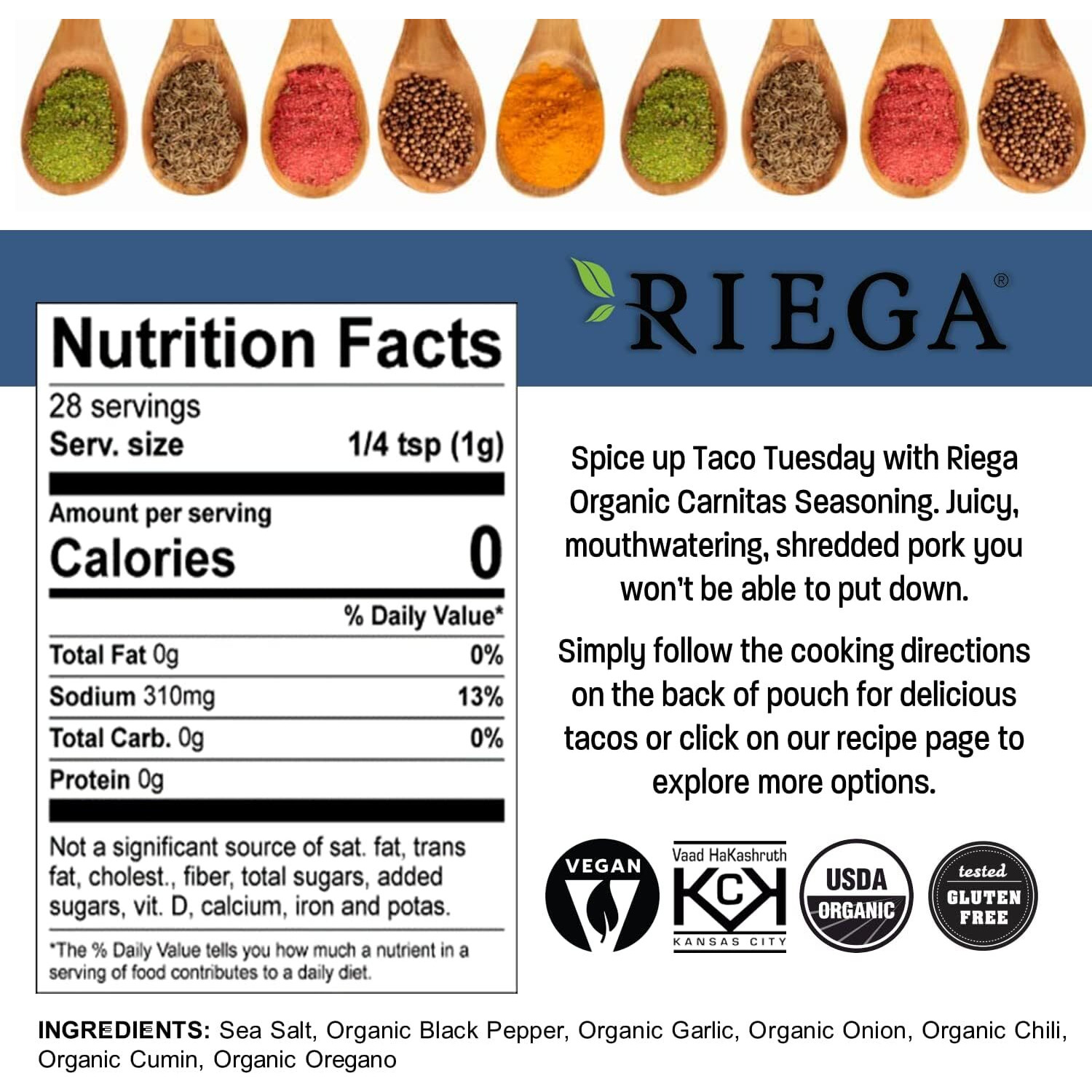Riega Organic Carnitas Street Taco Seasoning, Perfect Mix For Authentic Slow Cooker Shredded Pork Carnitas 1 Ounce (Pack Of 8)