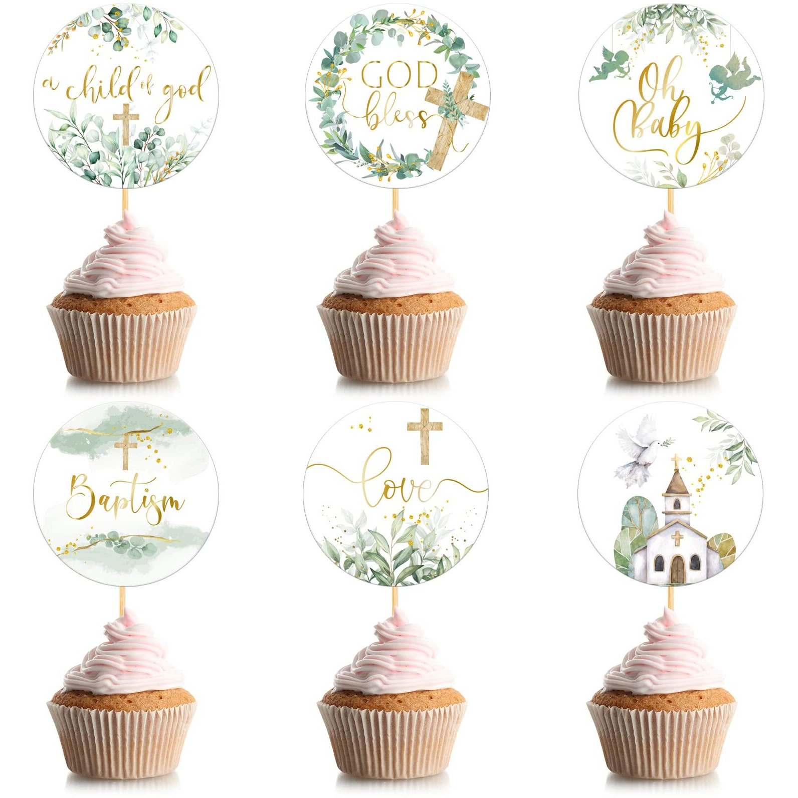 Henoyso 48 Pcs Greenery Baptism Cupcake Toppers God Bless Cross Cupcake Toppers First Holy Communion Christening Confirmation Religious Cupcake Picks For Baby Shower Baptism Party Decorations