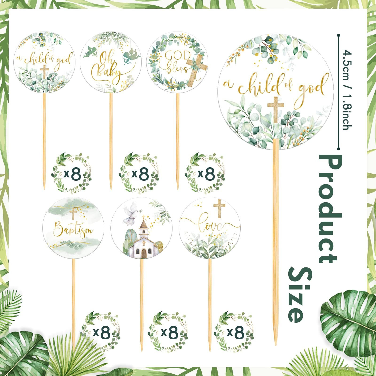 Henoyso 48 Pcs Greenery Baptism Cupcake Toppers God Bless Cross Cupcake Toppers First Holy Communion Christening Confirmation Religious Cupcake Picks For Baby Shower Baptism Party Decorations