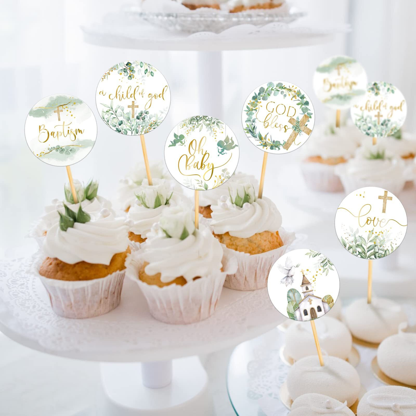 Henoyso 48 Pcs Greenery Baptism Cupcake Toppers God Bless Cross Cupcake Toppers First Holy Communion Christening Confirmation Religious Cupcake Picks For Baby Shower Baptism Party Decorations
