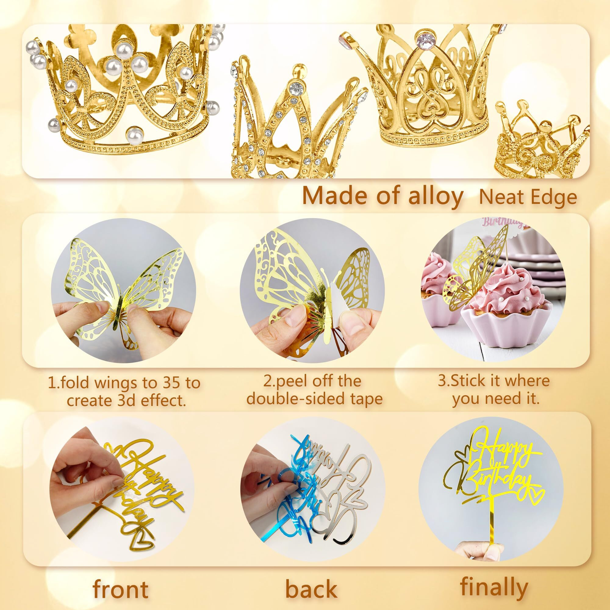 44 Pcs Gold Crown Cake Decoration 16 Pcs Mini Crown Tiny Crown With 24 Pcs Butterfly Wall Decors And 4 Pcs Birthday Cake Topper For Women Girl Crown Birthday Party Wedding Cake Decor