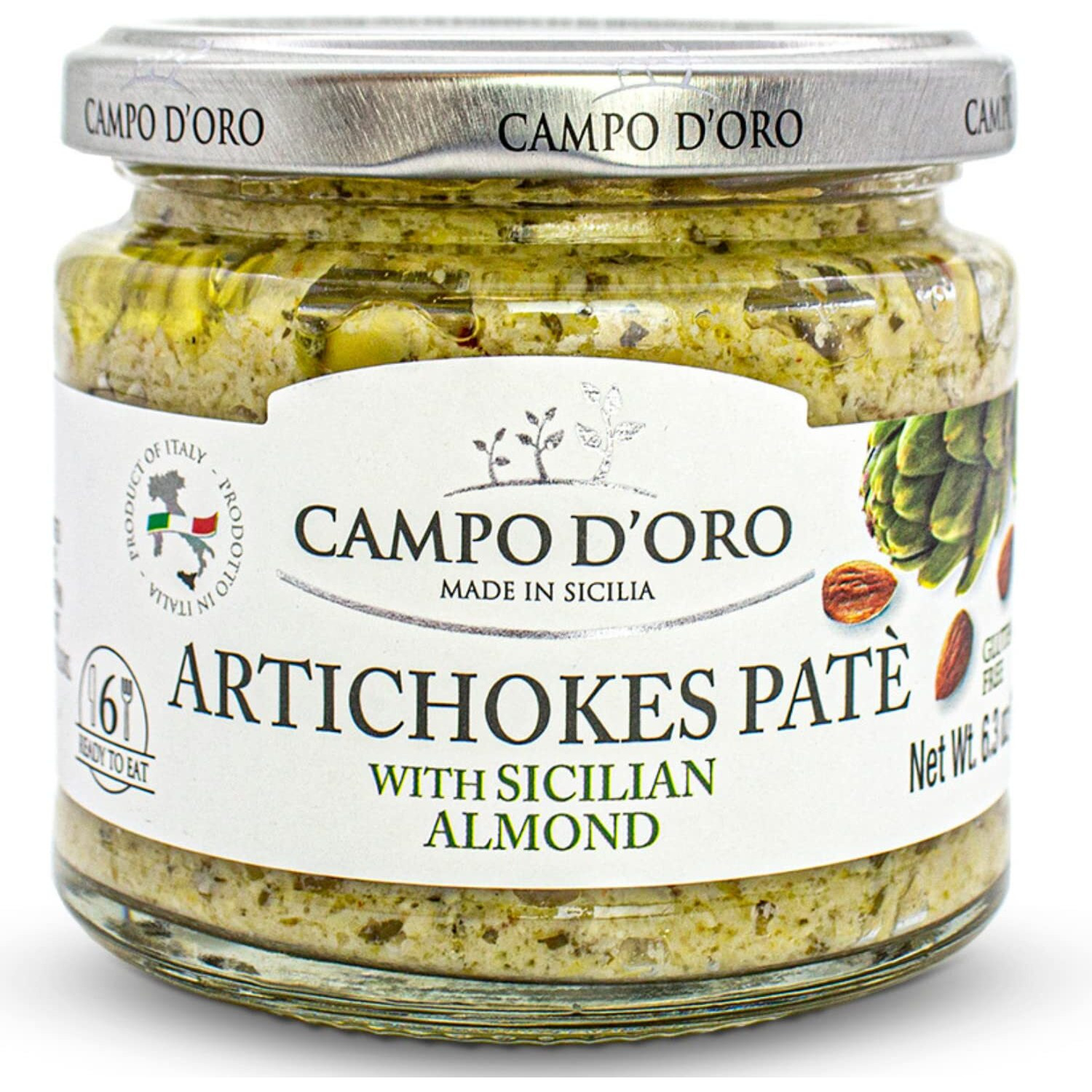 Creamy Artichoke And Almond Dip, 6.35 Oz, 180 G. Non Gmo, Artichoke Spread Sauce, Made With Sicilian Almonds Product Of Italy, By Campo D'Oro