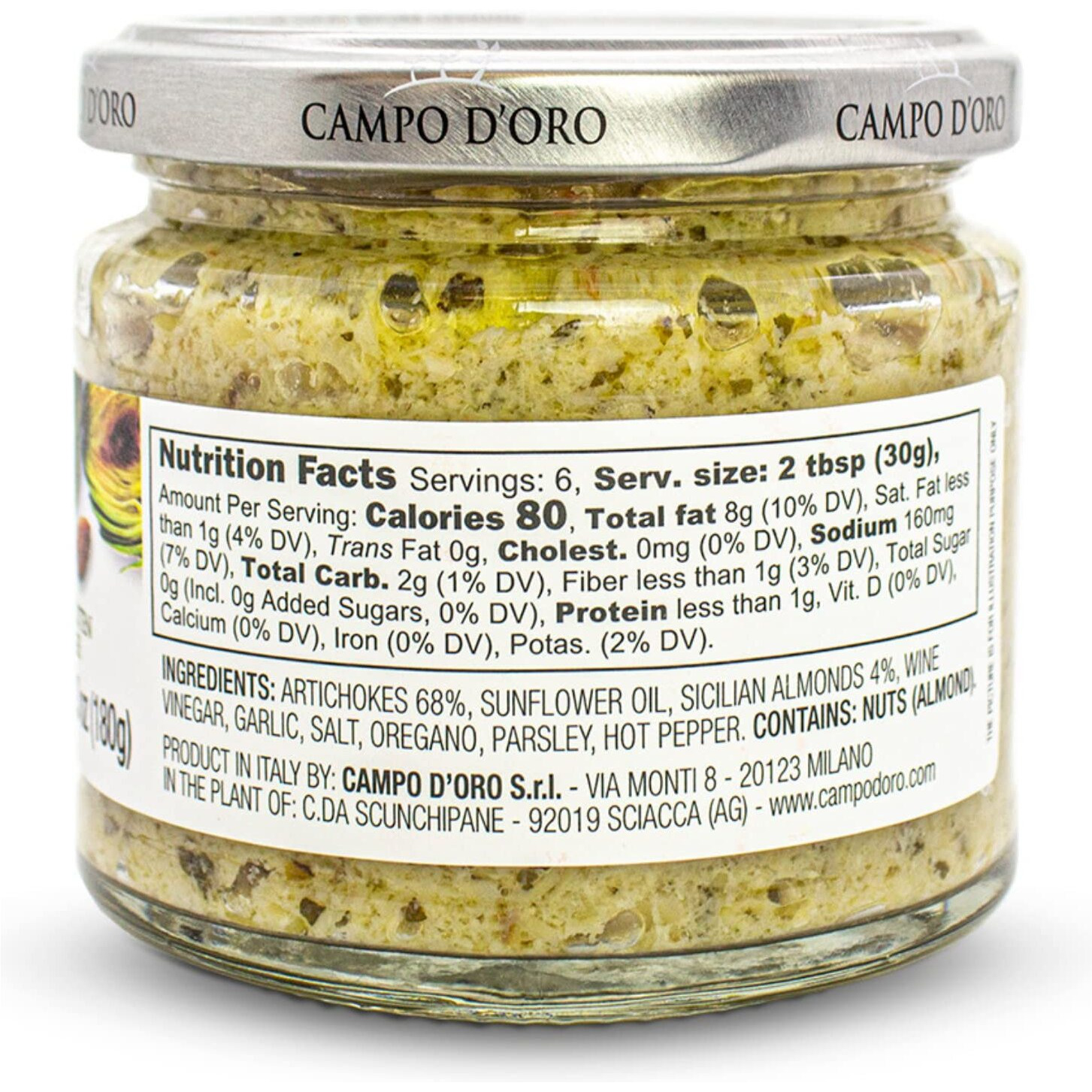 Creamy Artichoke And Almond Dip, 6.35 Oz, 180 G. Non Gmo, Artichoke Spread Sauce, Made With Sicilian Almonds Product Of Italy, By Campo D'Oro