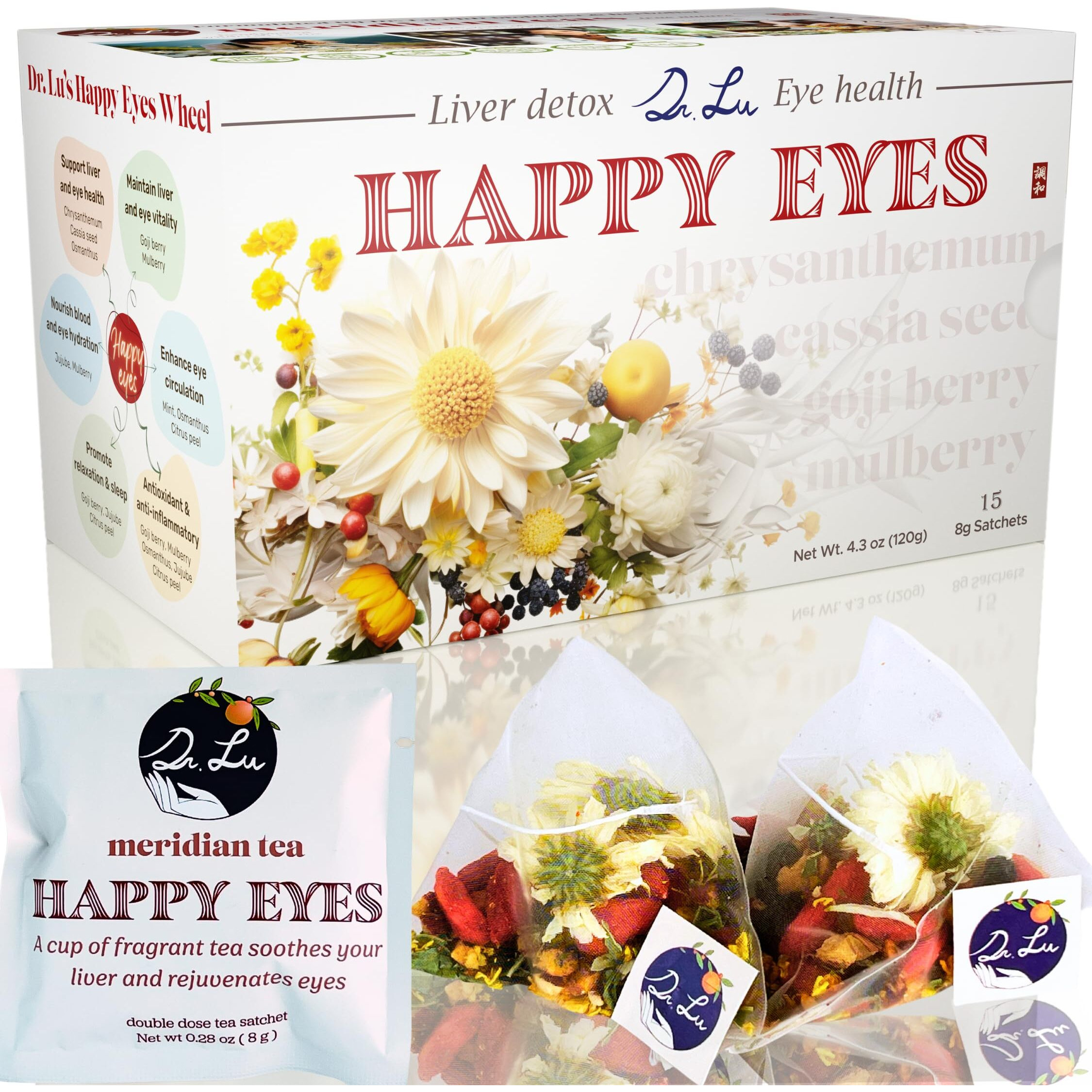 Dr. Lus Happy Eyes Tea | Eyebright Tea For Liver Cleanse | Liver Detox Tea For Eye Health | 8-Flavor Chinese Herbal Tea Made In Us | Chrysanthemum Tea With Cassia Seed, Goji Berries, Mulberries