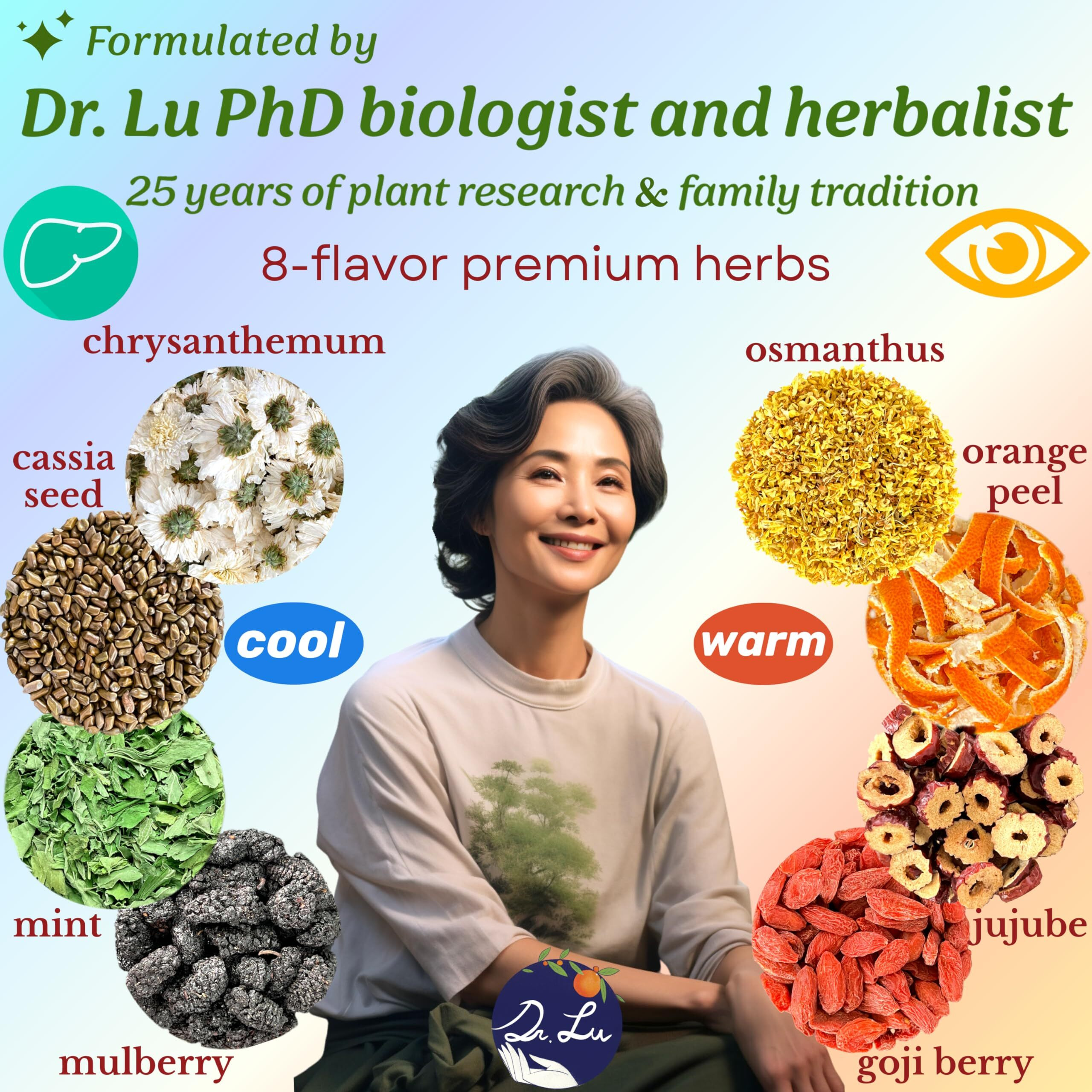 Dr. Lus Happy Eyes Tea | Eyebright Tea For Liver Cleanse | Liver Detox Tea For Eye Health | 8-Flavor Chinese Herbal Tea Made In Us | Chrysanthemum Tea With Cassia Seed, Goji Berries, Mulberries