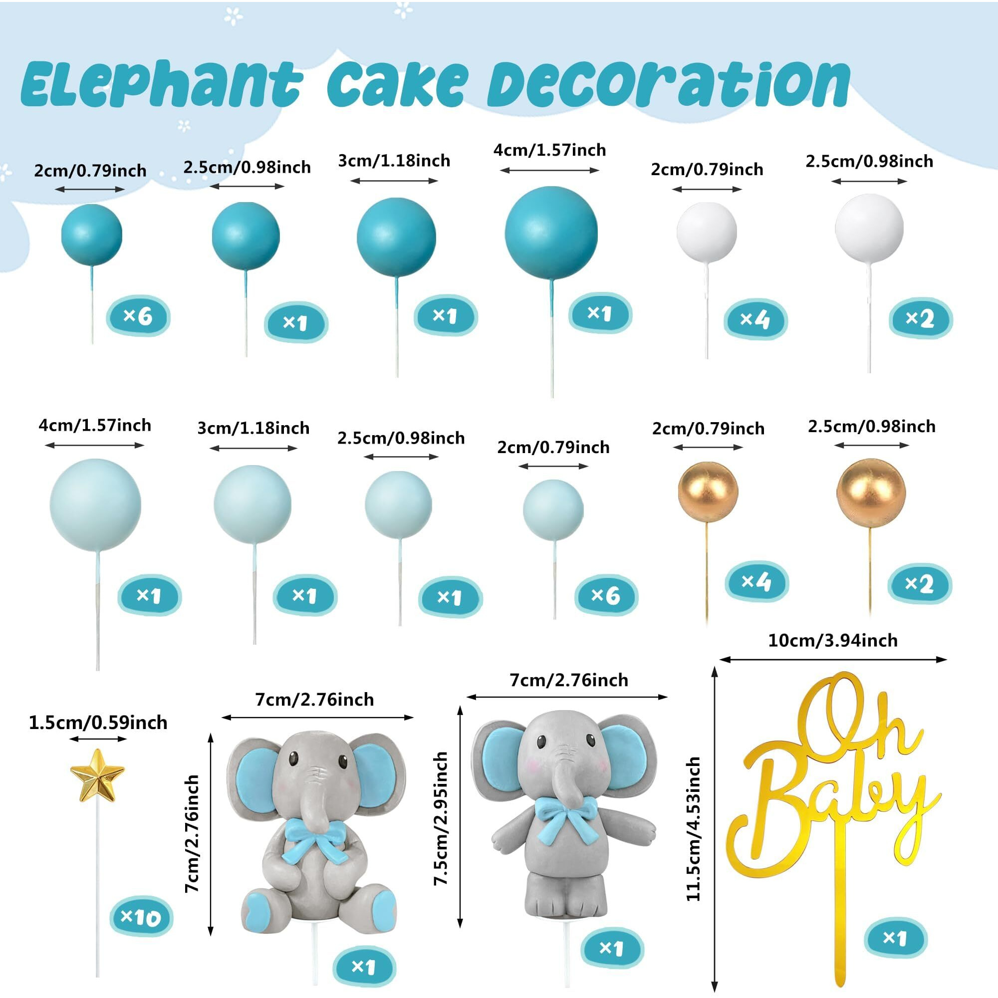 43 Pcs Blue Elephant Cake Decoration Cute Baby Elephant Cake Decorations Oh Baby Cake Topper Star Cake Topper Blue Pearl Balls Cake Picks For Baby Shower Boy Elephant Theme Party Supplies