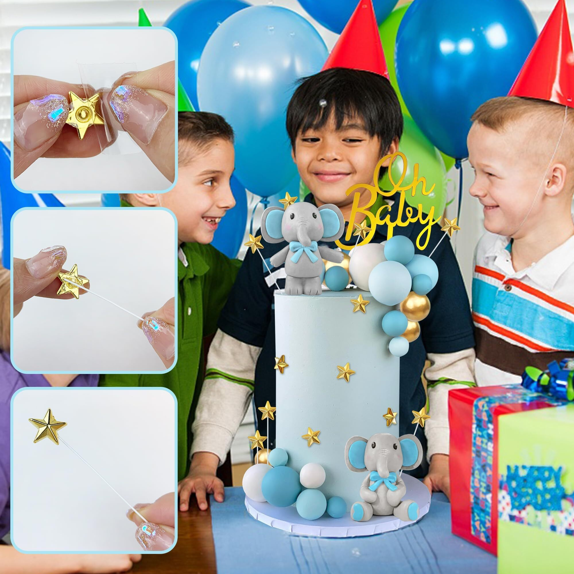 43 Pcs Blue Elephant Cake Decoration Cute Baby Elephant Cake Decorations Oh Baby Cake Topper Star Cake Topper Blue Pearl Balls Cake Picks For Baby Shower Boy Elephant Theme Party Supplies